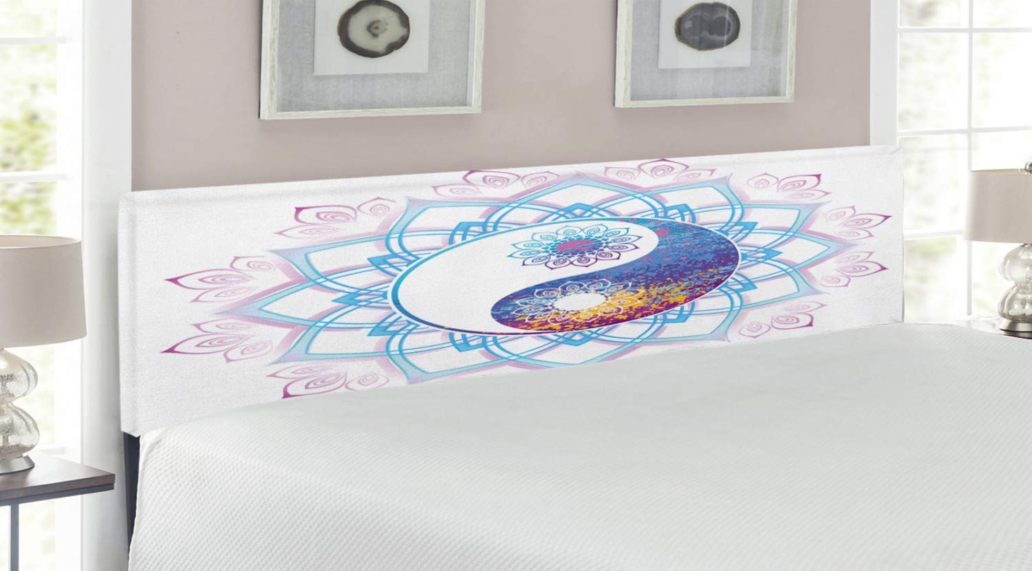 Ambesonne Ethnic Upholstered Headboard - Yin Yang Mandala Hippie Design with Floral Swirl Frame, Decorative Metal Bed Headboard with Memory Foam, King Size (Purple & Pale Blue) - Perfect for Bohemian Bedroom Decor, Meditation Spaces & Modern Master Suites