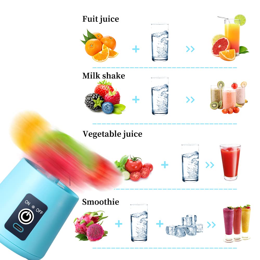 Portable USB Electric Blender Cup - 380ml Mini Blender for Smoothies, Juices & Shakes with 6 Blades | Perfect for Gym, Travel & Office (Blue)