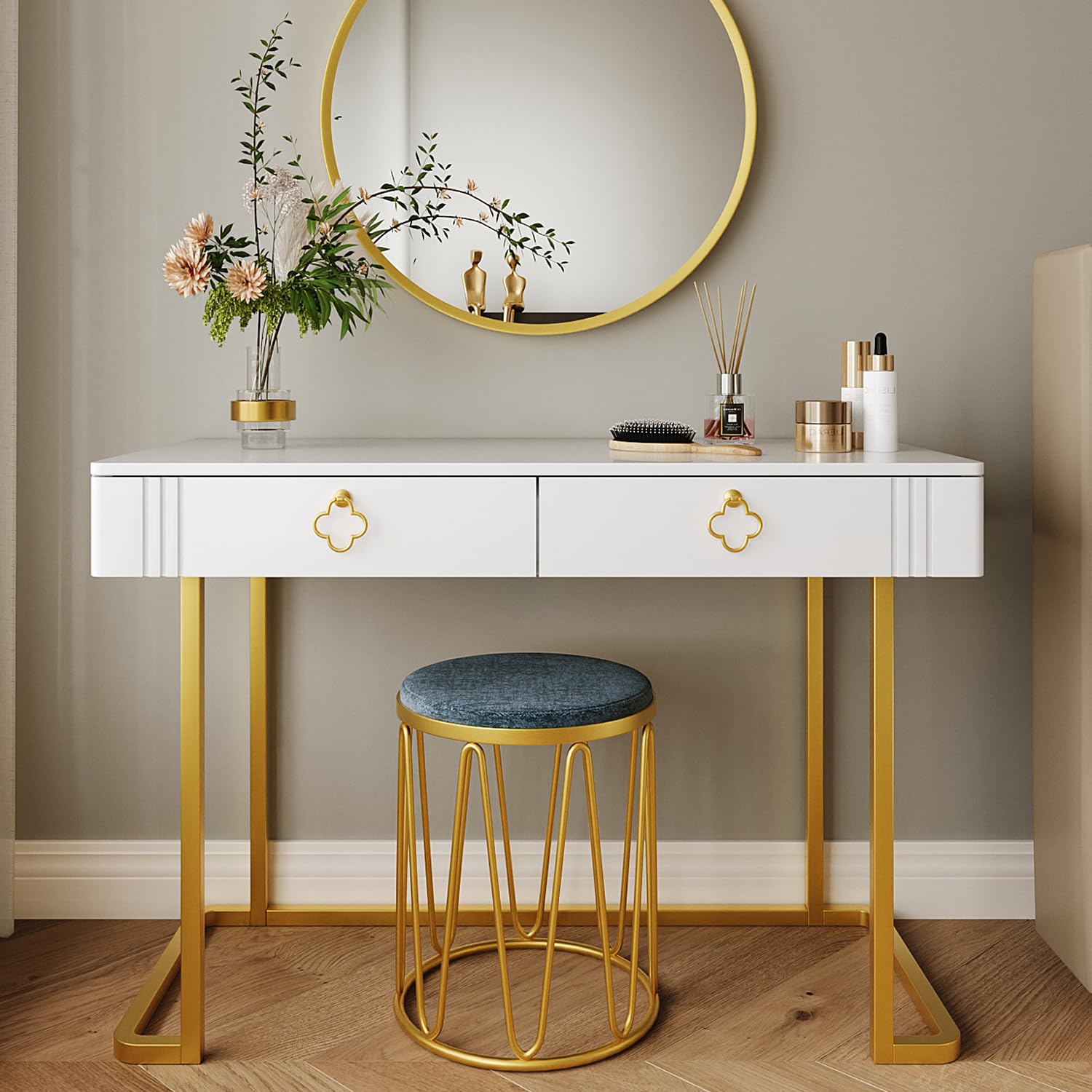 White Vanity Desk with 2 Drawers - Gold & White Modern Makeup Table, Home Office Desk, Entryway Console & Sofa Table with Deluxe Legs - Perfect for Bedroom, Living Room & Dressing Area