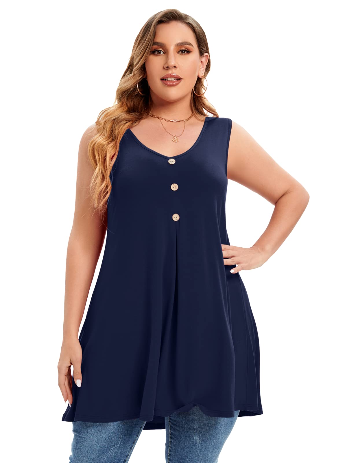 Plus Size Women's V-Neck Button Down Tank Top - Flowy Sleeveless Summer Tunic Shirt for Casual Wear, Beach Outfits & Vacation Essentials