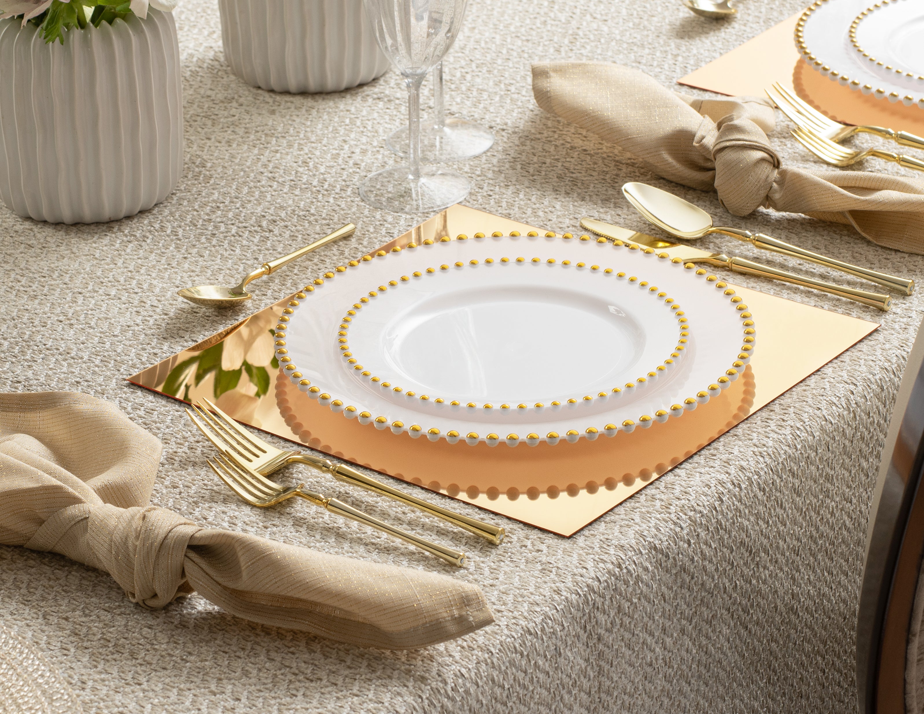 Elegant White & Gold Disposable Plastic Plates - Beaded Wedding Party Dinnerware Set for Bridal Showers, Receptions & Special Events