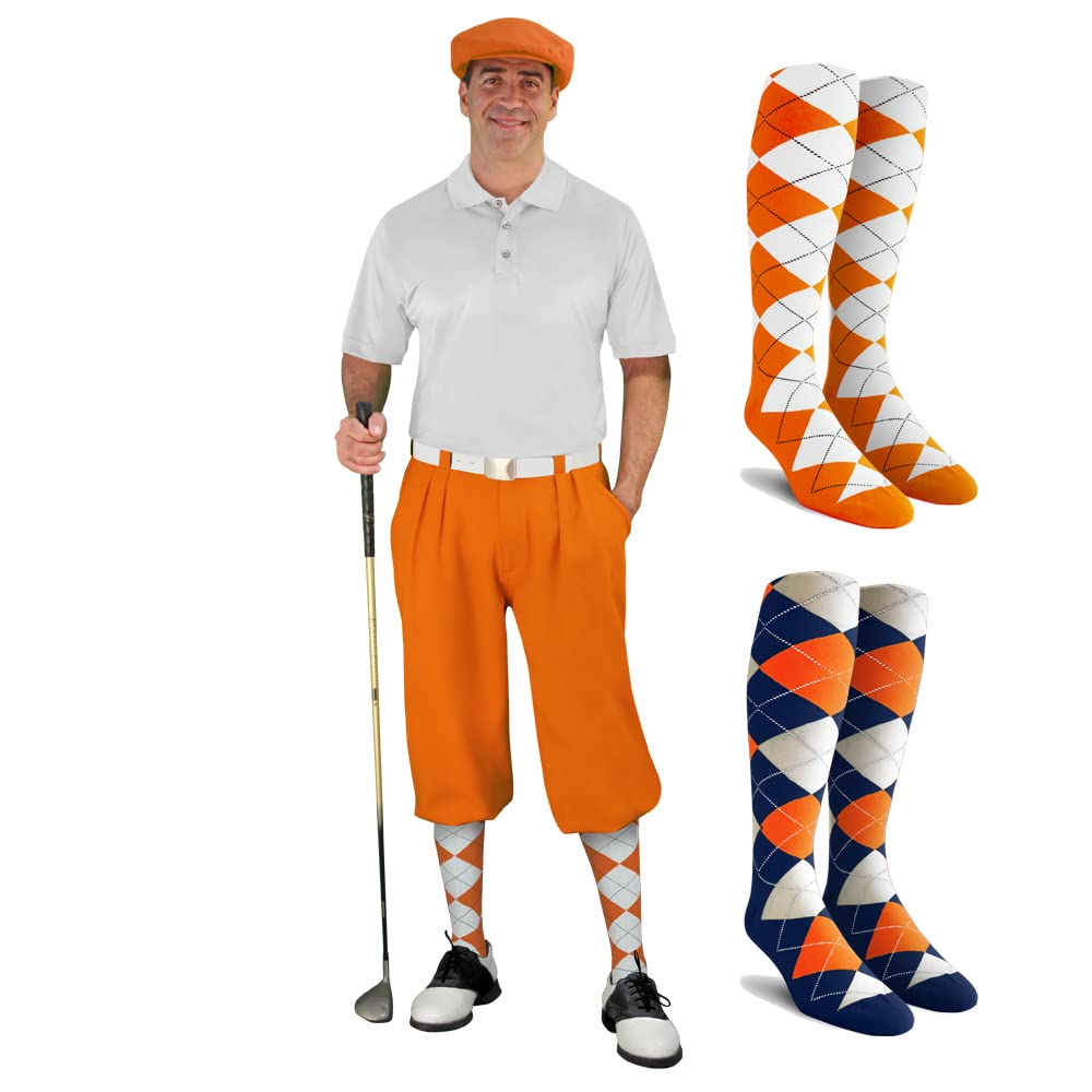 Men's Stylish Orange Golf Outfit Set - Matching Knickers & Cap with 2 Over-The-Calf Socks | Perfect for Golf Tournaments & Casual Weekend Play