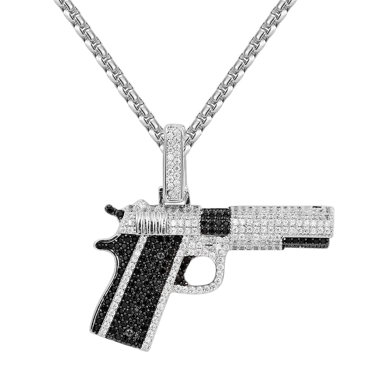 Sterling Silver Black & White Pistol Gun Pendant Necklace for Men - Edgy Punk Rock Jewelry Gift for Bikers & Gun Enthusiasts