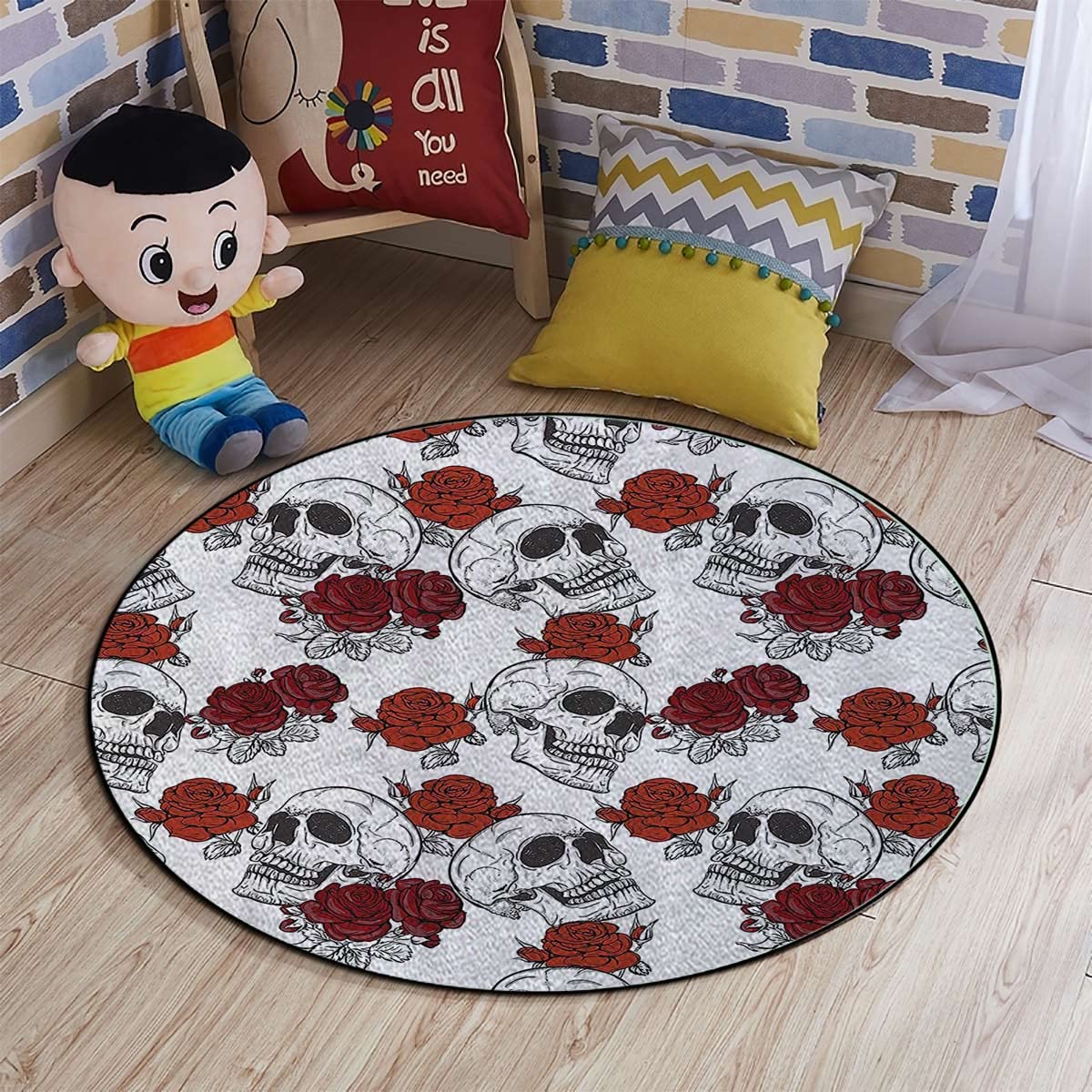 Grey Round Office Chair Mat with Retro Skeleton & Rose Design - 43.3 Inch Diameter Hardwood Floor Protector - Halloween Themed Desk Chair Cushion & Skull Decor for Home Office, Gaming Setup, and Workspace