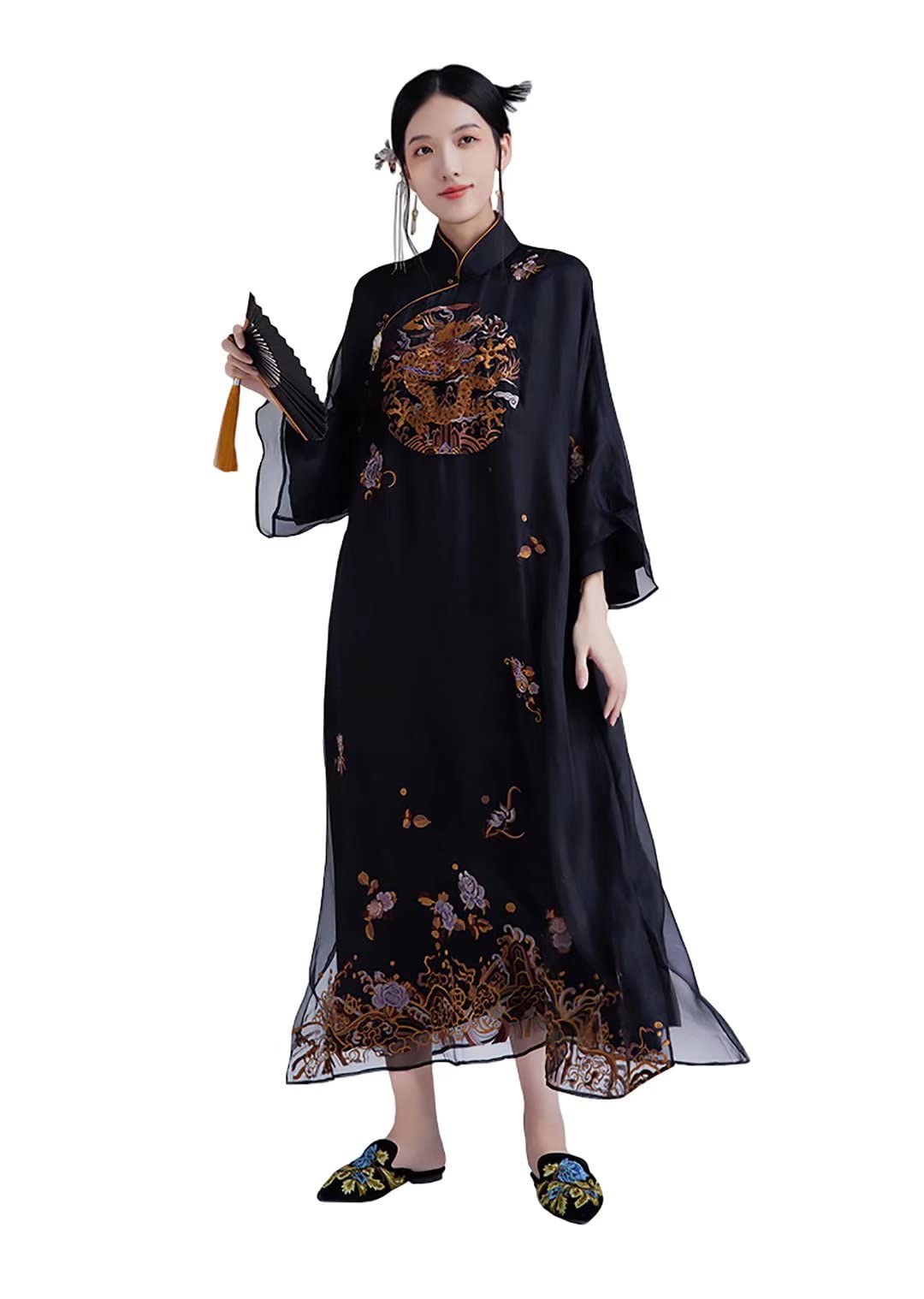 Elegant Women's Silk Dragon Embroidery Loose Black Dress - Comfortable Everyday Wear for Casual Outings, Parties and Special Occasions
