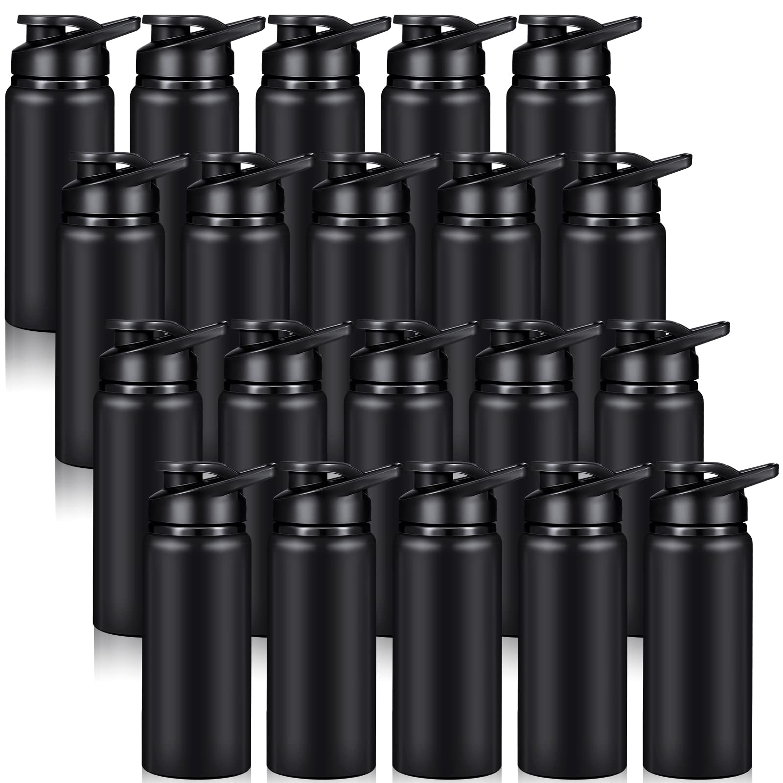 20 Pack 20oz Aluminum Water Bottles with Snap Lids - Reusable Metal Sports Bottles for Gym, Hiking, Cycling, Camping & Outdoor Activities | Portable Travel Water Bottle with Handle | Bulk Pack (Black)