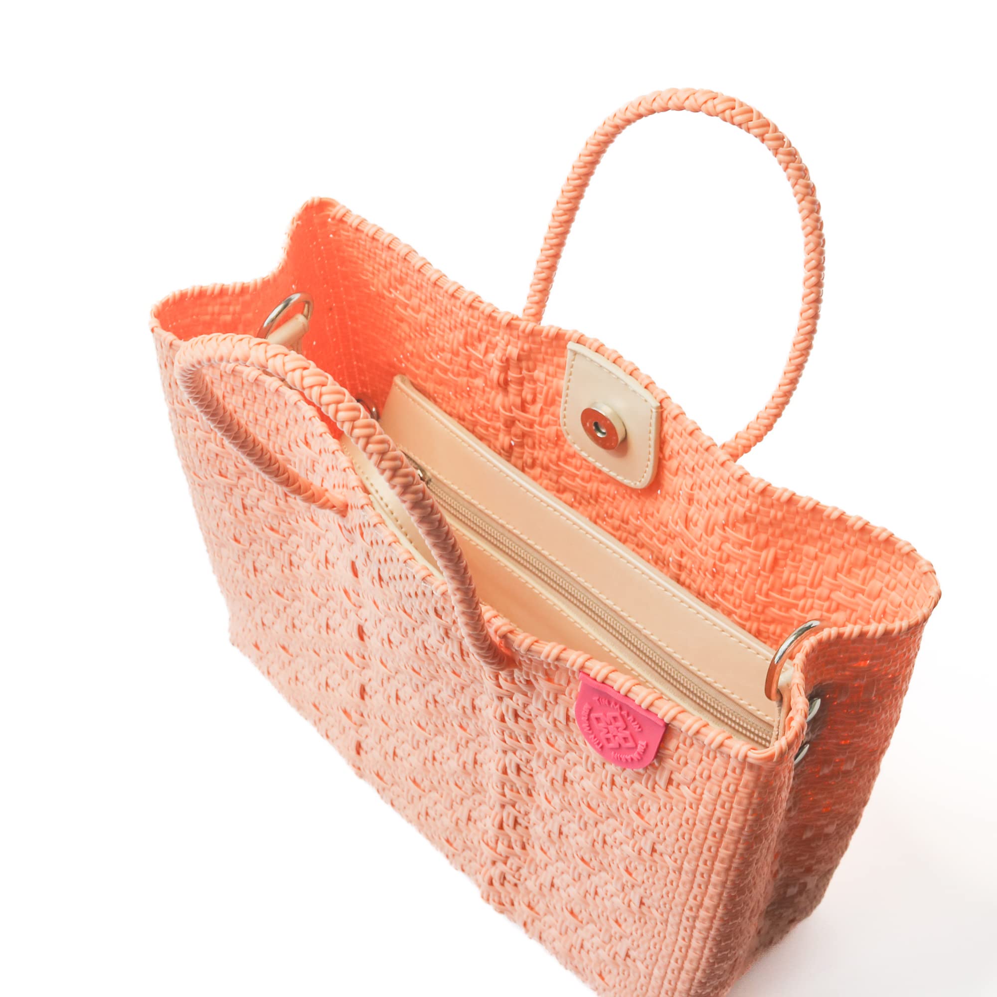 Canarias Medium Woven Crossbody Bag - Detachable Mesh Pouch, Orange Coral Beach Bag, Recycled Plastic Purse | Mexican Woven Handbag for Women | Perfect for Beach Vacations, Resort Wear & Summer Outings