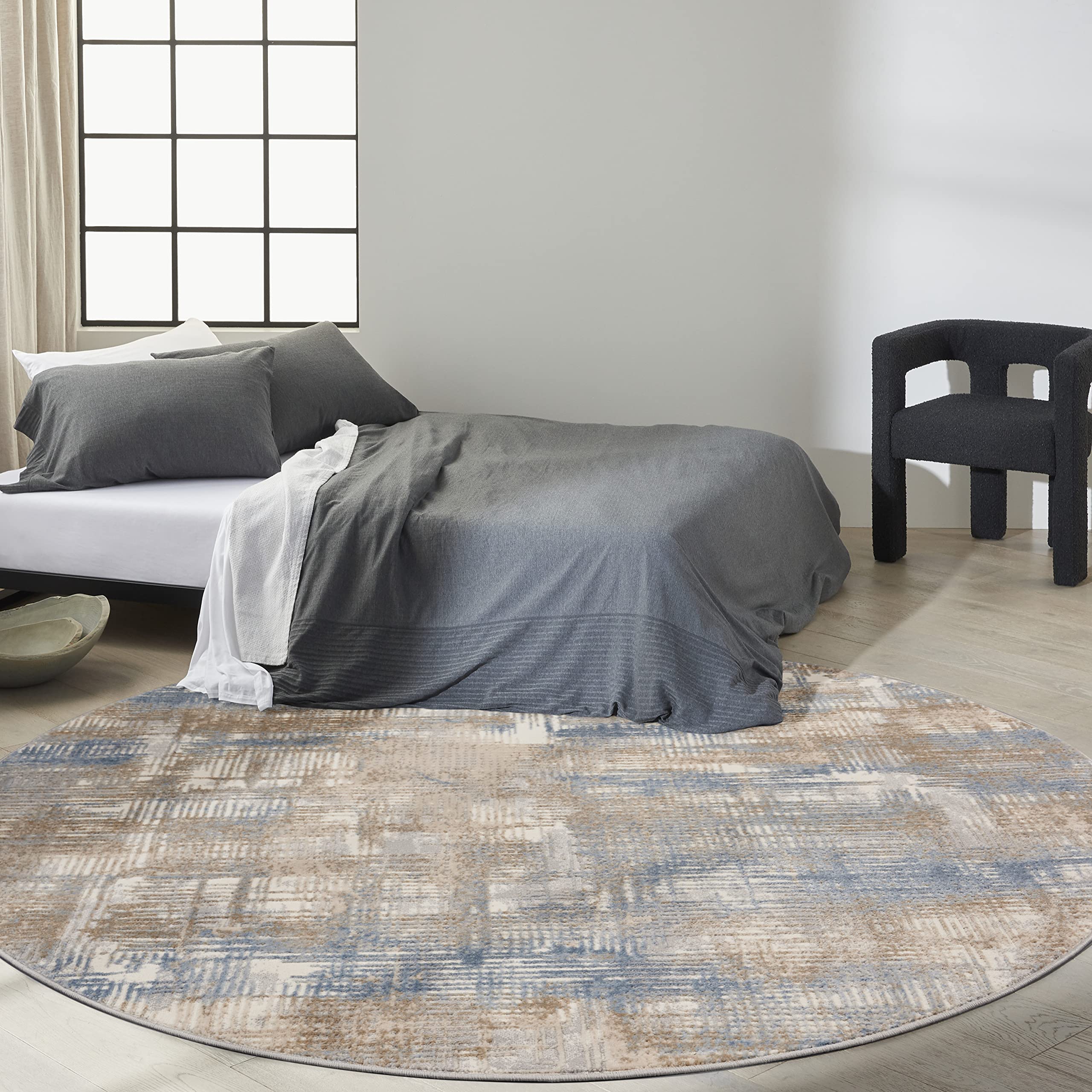 Calvin Klein Rush Blue/Beige 8' Round Modern Abstract Area Rug - Non-Shedding & Easy to Clean - Perfect for Bedroom, Living Room, Dining Room & Kitchen Decor
