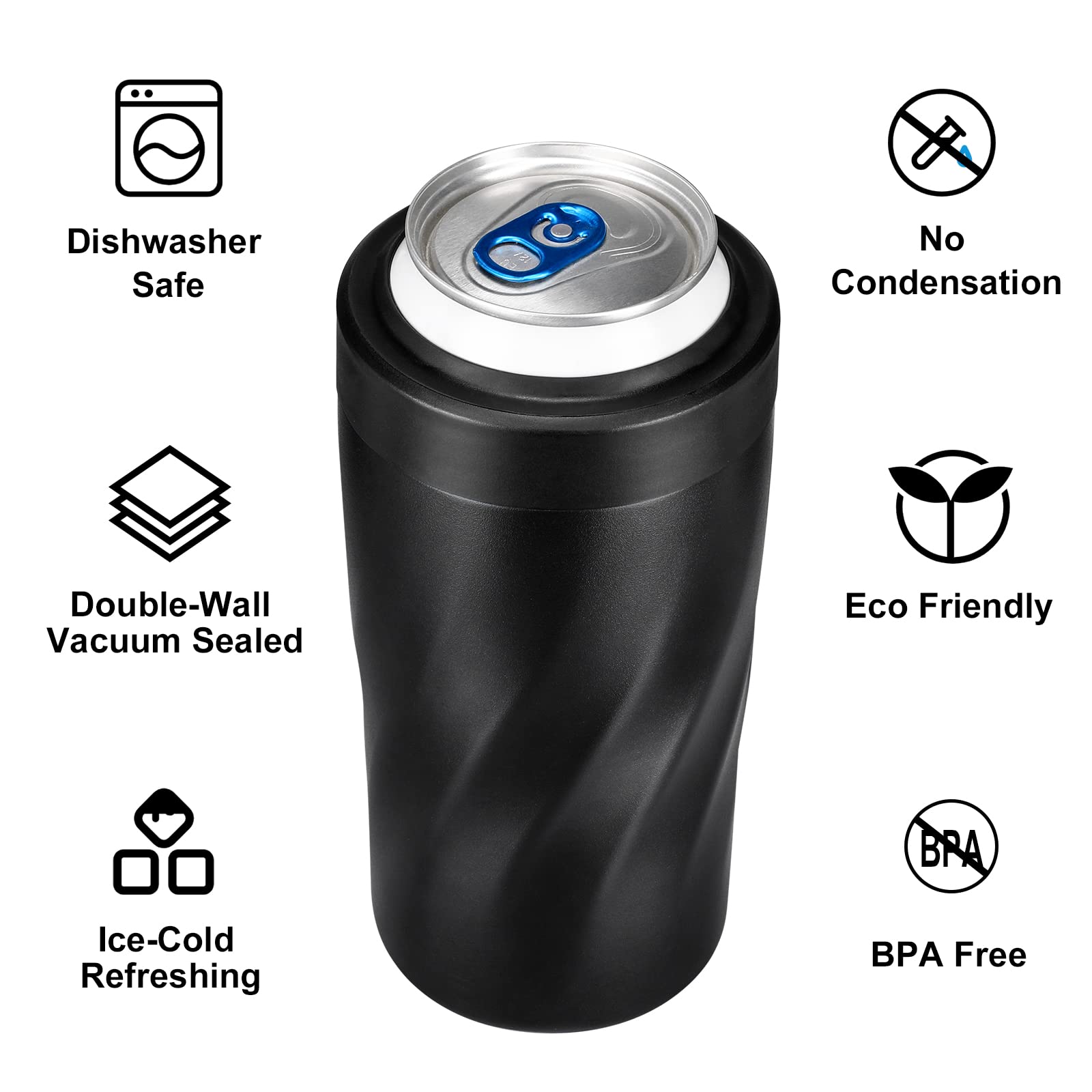 24 oz Insulated Stainless Steel Tumbler with Freezable Can Cooler - Fits 12 oz Slim/Regular Cans, Beer Bottles & All Beverages (Frosted Black) - Perfect for Camping, Travel, Office & Outdoor Activities