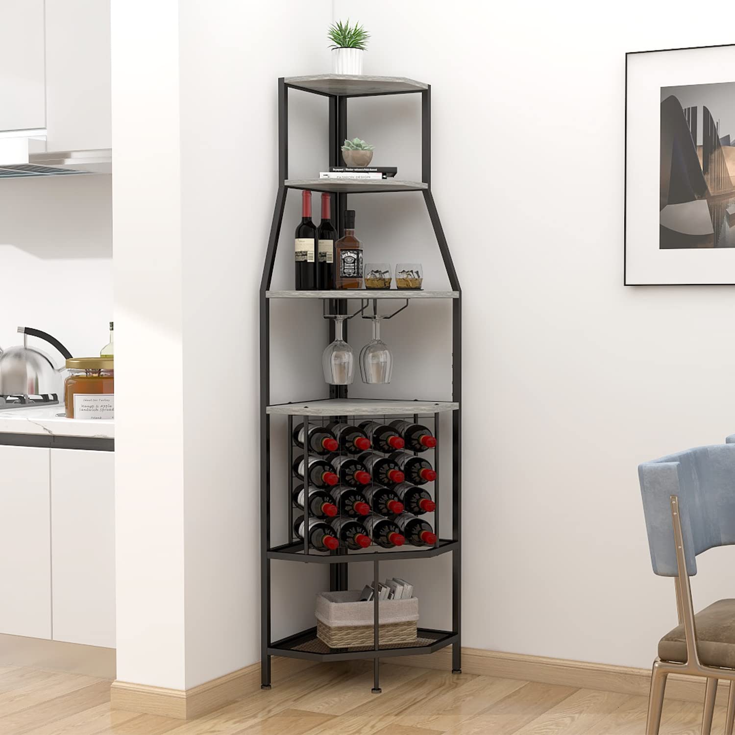 5-Tier Corner Wine Rack Floor Standing - Metal & Wood Wine Storage Shelf with Glass Holder for Kitchen, Dining Room, Home Bar | Space-Saving Corner Shelf for Wine Bottles & Stemware Organization