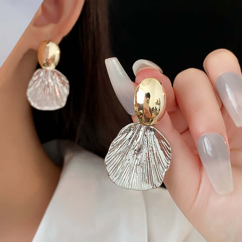 Textured Two Tone Abstract Fan Shaped Shell Drop Earrings for Women | R2690 | Boho Beach Wedding Party Jewelry Gift