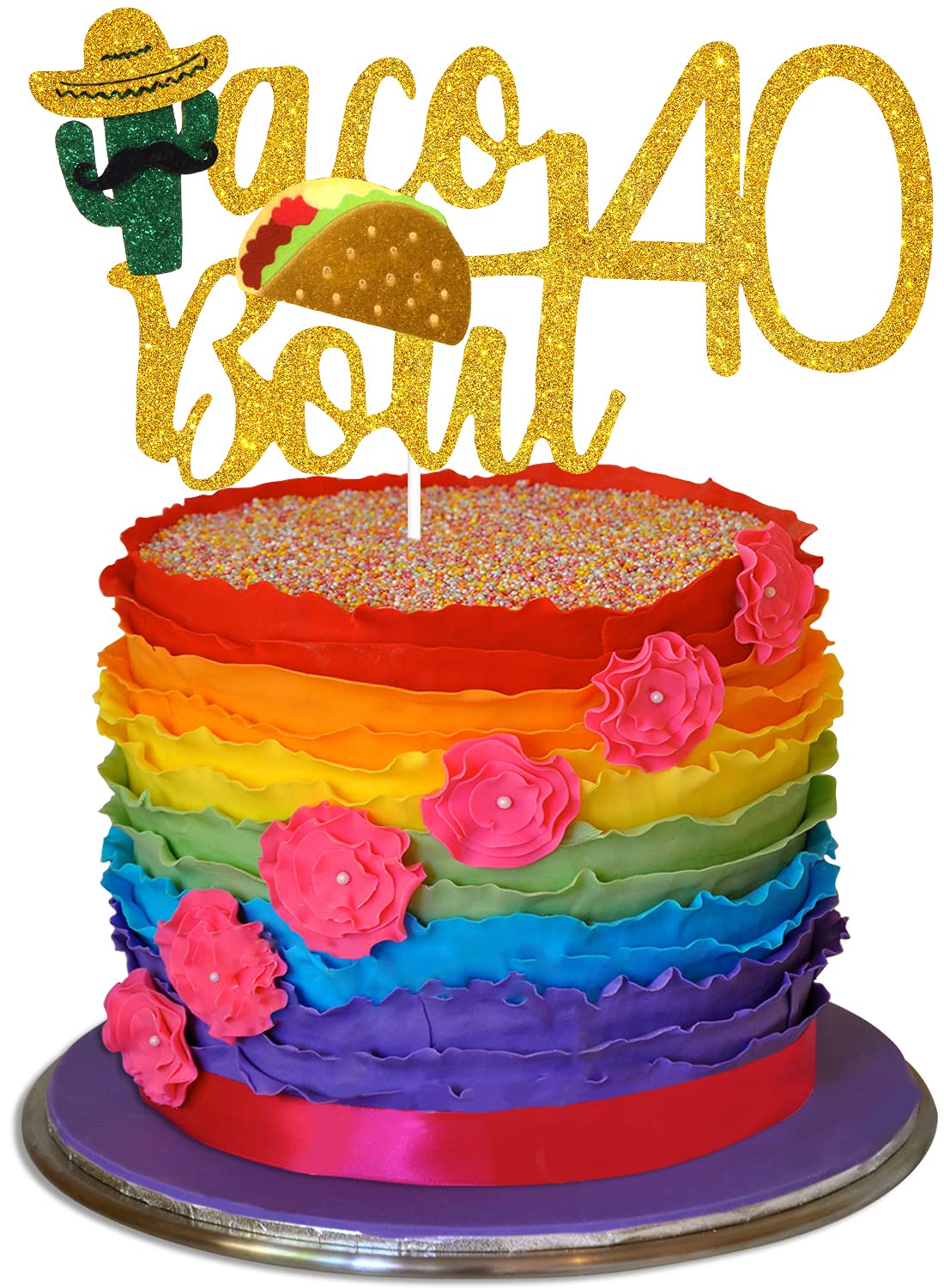 Fiesta 40th Birthday Cake Topper - Glitter Taco & Cactus Decor for Mexican Party Supplies - Fabulous Forty Celebration - Perfect for Summer Fiesta, Cinco de Mayo & Taco Tuesday Parties