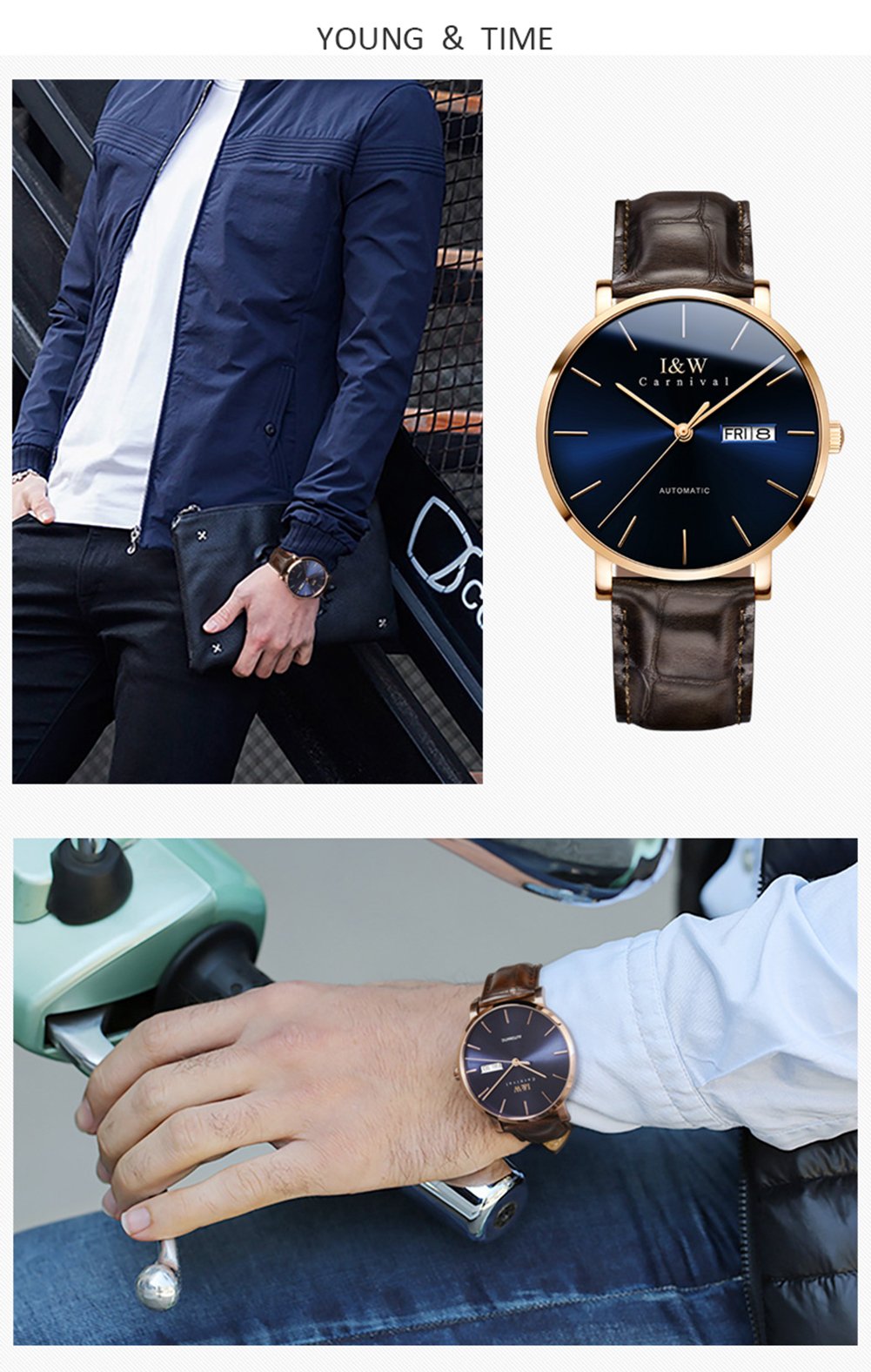 MASTOP Ultra-Thin Automatic Men's Watch with Sapphire Glass, Date Display & Waterproof - Genuine Brown Leather Strap - Perfect for Business, Casual & Formal Occasions
