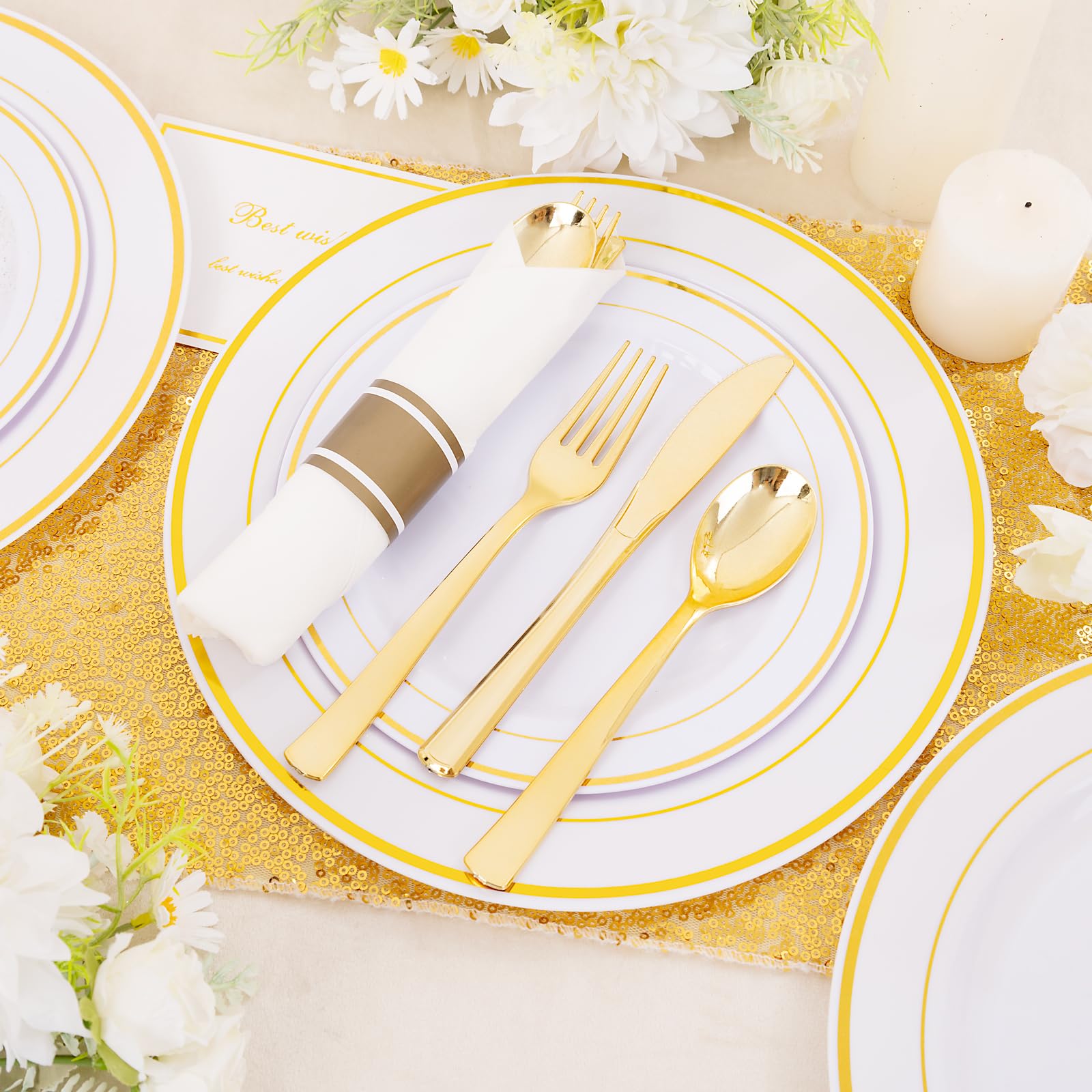 DaYammi 350-Piece Gold Plastic Dinnerware Set for 50 Guests - Elegant Disposable Plates, Cups, Silverware & Napkins for Parties, Weddings, Events - Includes 50 Dinner Plates, 50 Dessert Plates, 50 Cups & 50 Pre-Rolled Napkins with Gold Cutlery - Perfect for Birthday Celebrations, Bridal Showers & Holiday Gatherings