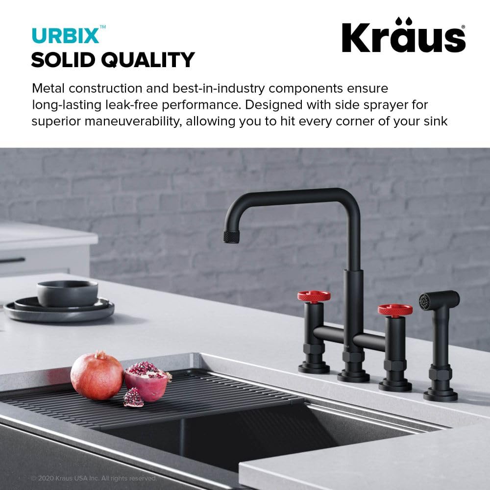 KRAUS Urbix Industrial Bridge Kitchen Faucet with Water Filter - Matte Black & Red Finish | KPF-3125-FF-101MBRD | Perfect for Modern Farmhouse & Industrial Style Kitchens