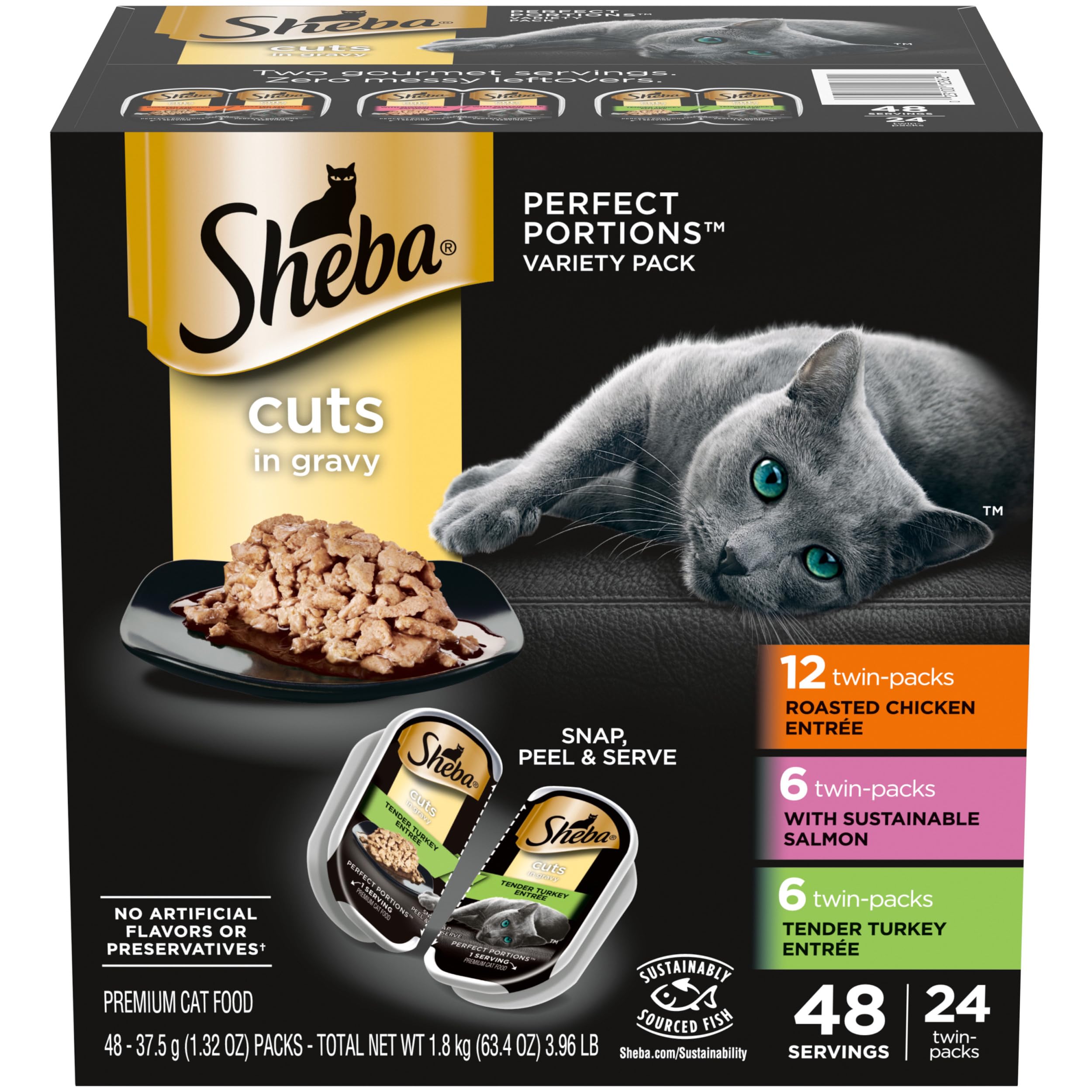 Sheba Perfect Portions Wet Cat Food Variety Pack - Roasted Chicken, Sustainable Salmon & Tender Turkey Entrees in Gravy, 2.6 oz Twin-Pack Trays (24 Count, 48 Servings) | Premium Grain-Free Cat Food for Adult & Senior Cats | Ideal for Mealtime, Weight Management & Picky Eaters