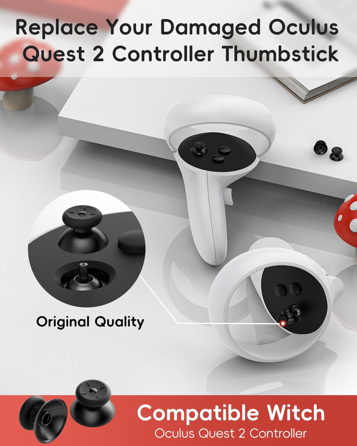 Oculus Quest 2 & Meta Quest 3 Controller Thumbsticks Replacement (2-Pack) - Black 2-in-1 Design for Enhanced VR Gaming Experience - Perfect for VR Gaming, Fitness, and Social Interaction