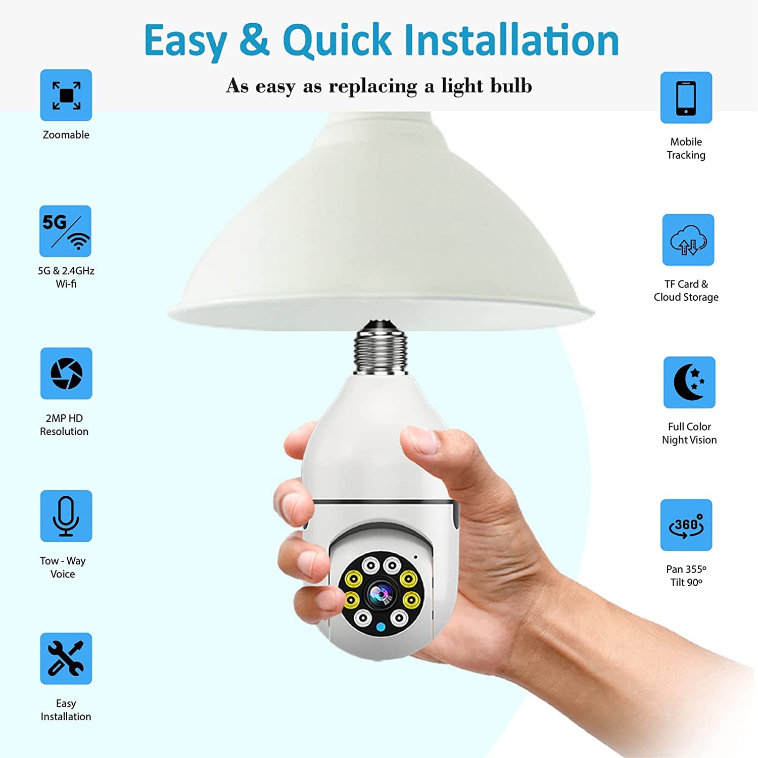 V380 Pro 1080p Wi-Fi PTZ Bulb Security Camera - 360° Wireless Indoor CCTV with Motion Sensor, Auto Tracking & LED Lights | 24/7 Smart Home Surveillance for Baby Monitor, Pet Camera & Night Vision Security