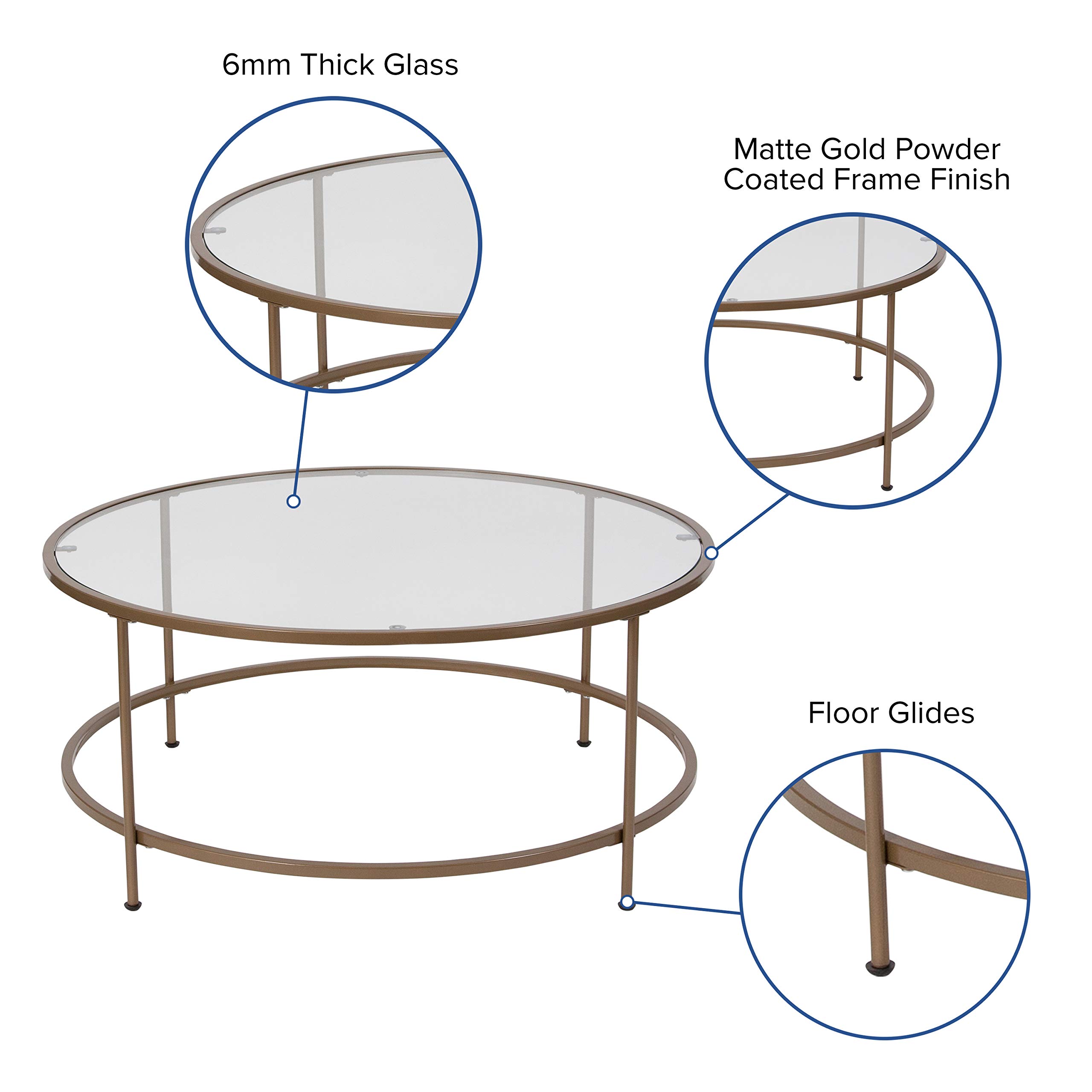 Flash Furniture Astoria Collection Round Coffee Table - Modern Clear Glass Top with Brushed Gold Frame - Perfect for Living Room, Office & Lounge Decor