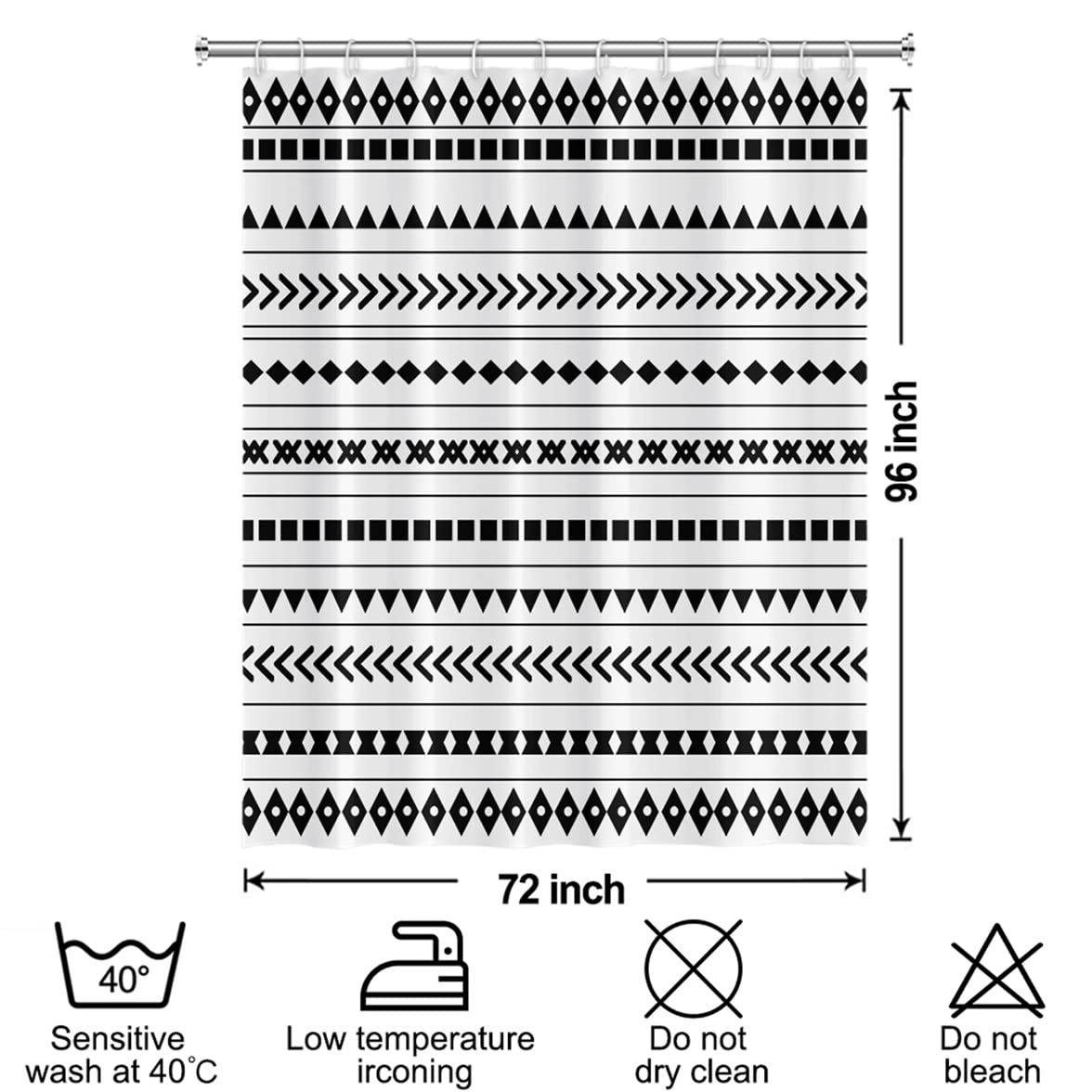 Boho Waterproof Shower Curtain - Black & White Geometric Pattern with Hooks, 72x96 Inch Bathroom Decor for Modern & Bohemian Style Homes | Perfect for Spa-Like Showers and Bathroom Makeovers