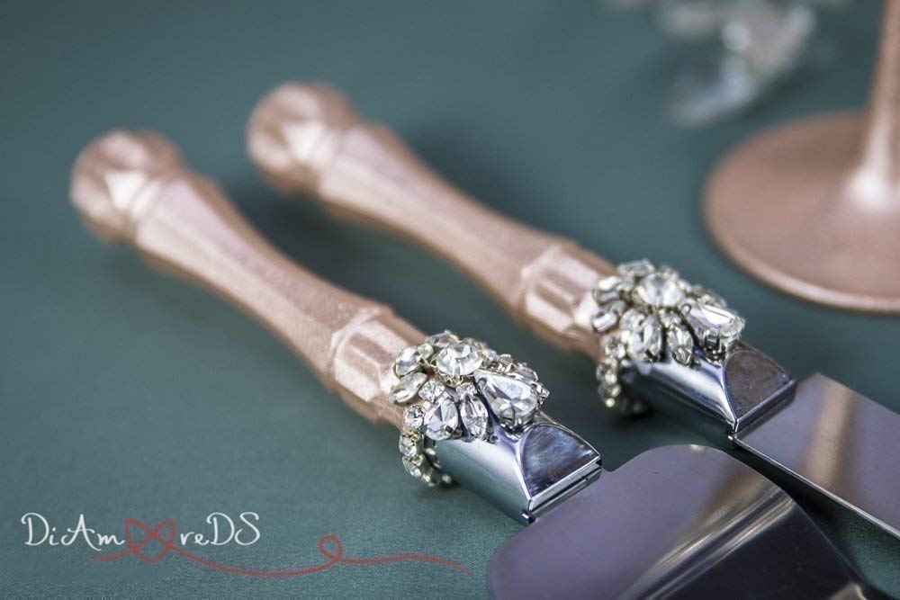 Rose Gold Wedding Set - Silver Crystal Champagne Flutes - Unity Candle Set - Cake Server & Knife (7-Piece Bridal Collection) for Wedding Ceremony, Reception & Anniversary Celebrations