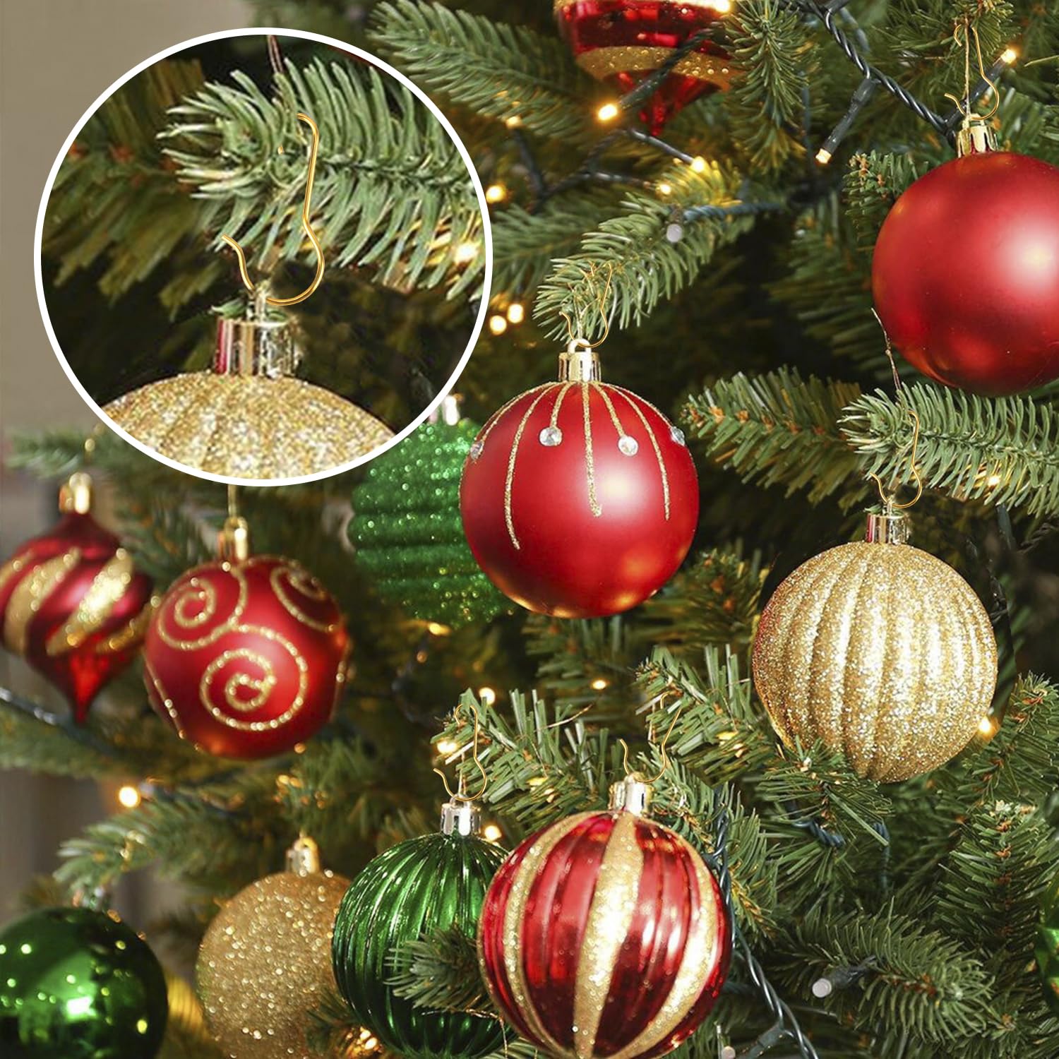 100 Pack Gold Ornament Hooks - Durable Christmas Tree Hangers for Holiday Decorations (Perfect for Hanging Ornaments, Lights & Garland on Xmas Trees)