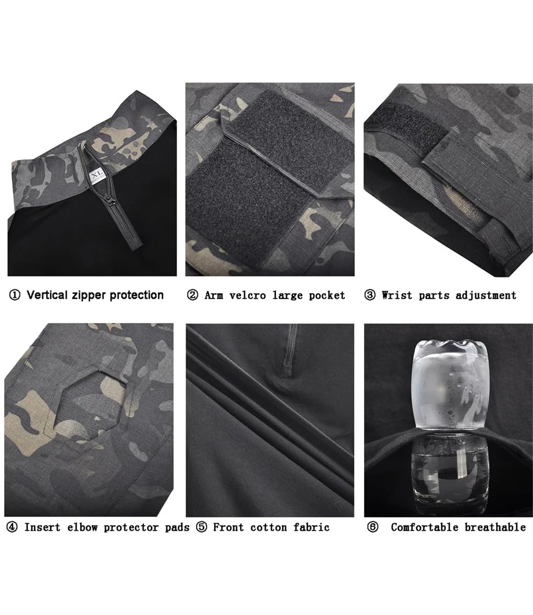 Black Tactical Shirt and Pants Set with Knee Pads - Military Work Uniform for Hunting, Airsoft & Outdoor Activities | Durable Tactical Gear for Professionals
