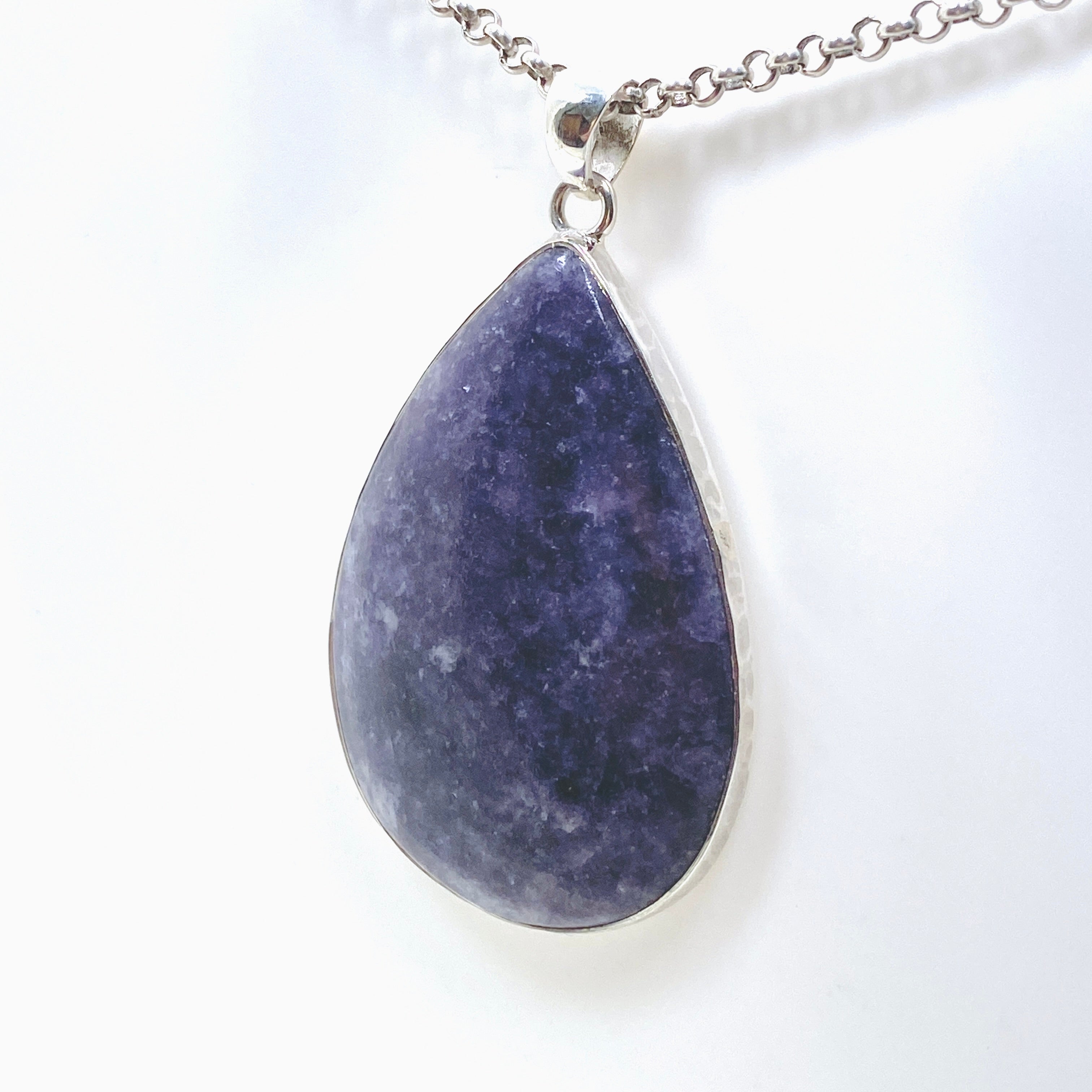 Lepidolite Teardrop Cabochon Pendant in Hammered Sterling Silver Setting KPGJ4609 - Healing Crystal Jewelry for Stress Relief & Meditation