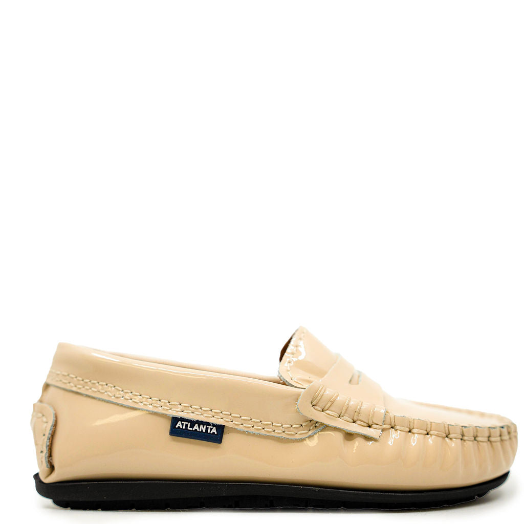 **Atlanta Beige Patent Leather Penny Loafers for Men - Classic Moccasin Style for Business, Casual & Office Wear**