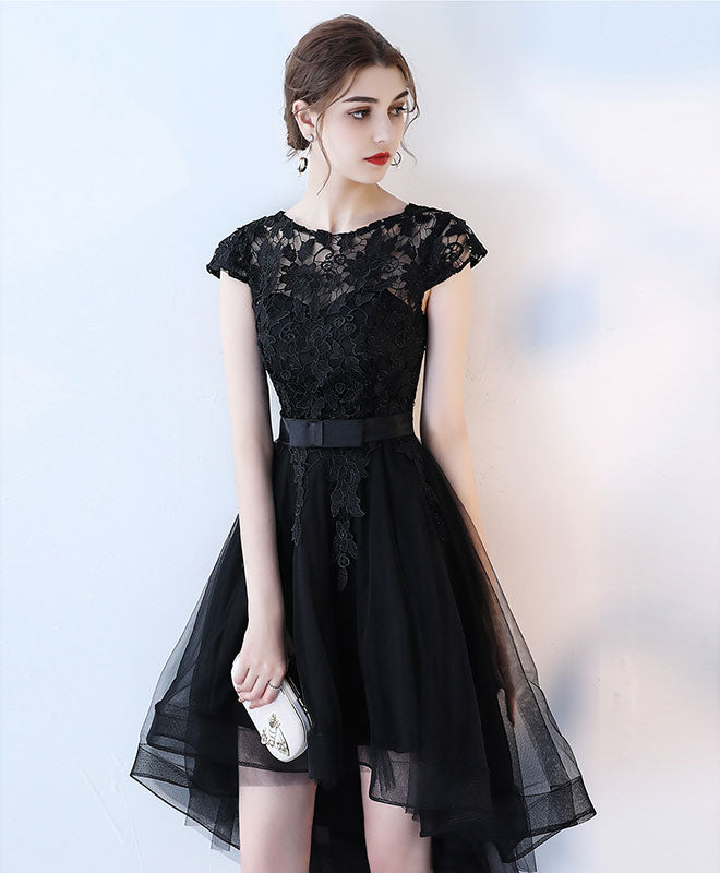 Elegant Black Lace Short Prom Dress with High Low Hem - Perfect for Homecoming, Evening Parties & Special Occasions