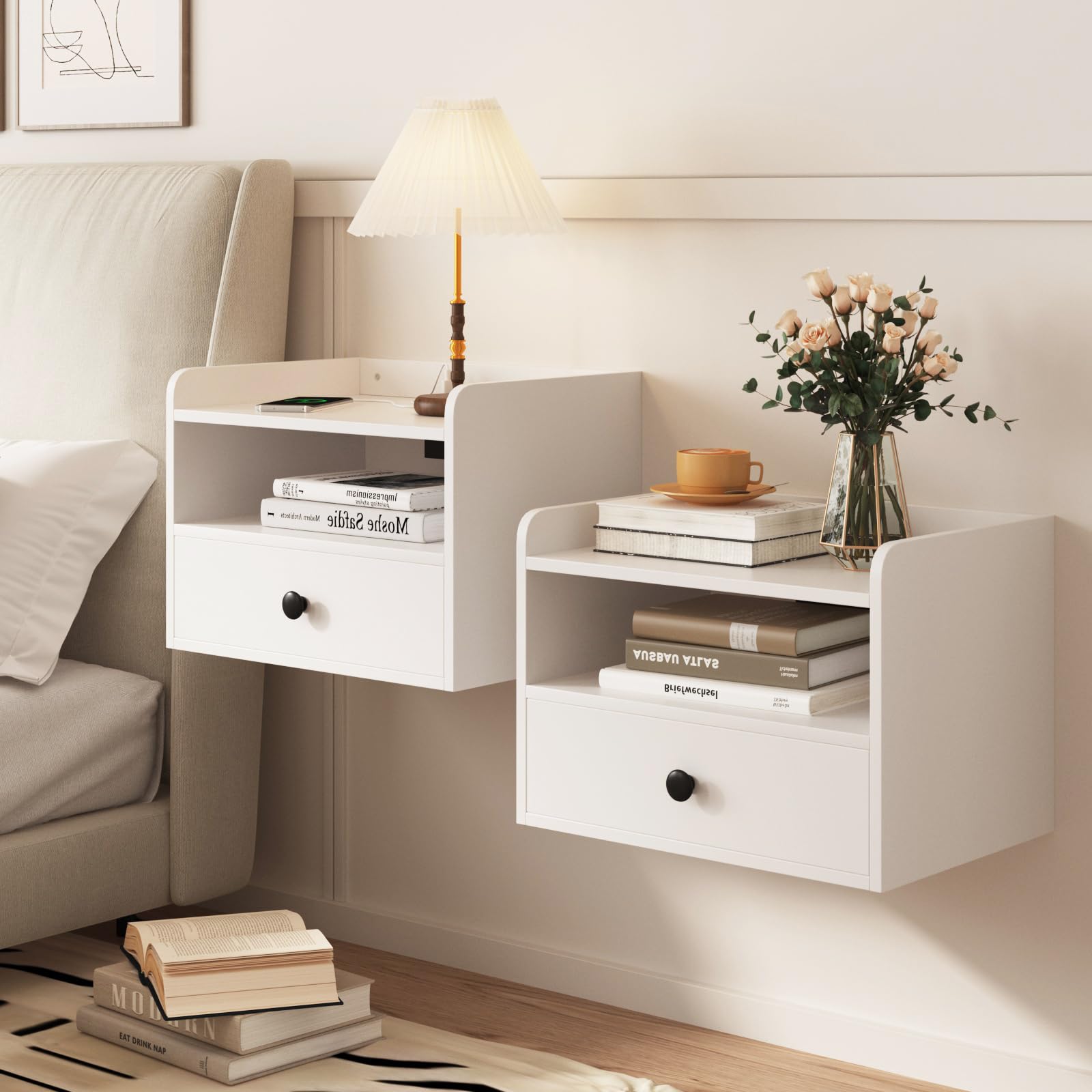 Modern Floating Nightstand Set of 2 - White Wall Mounted Bedside Tables with Drawer, Open Shelf & USB Charging Station | Space-Saving Bedroom Furniture for Small Spaces, Apartments & Dorm Rooms