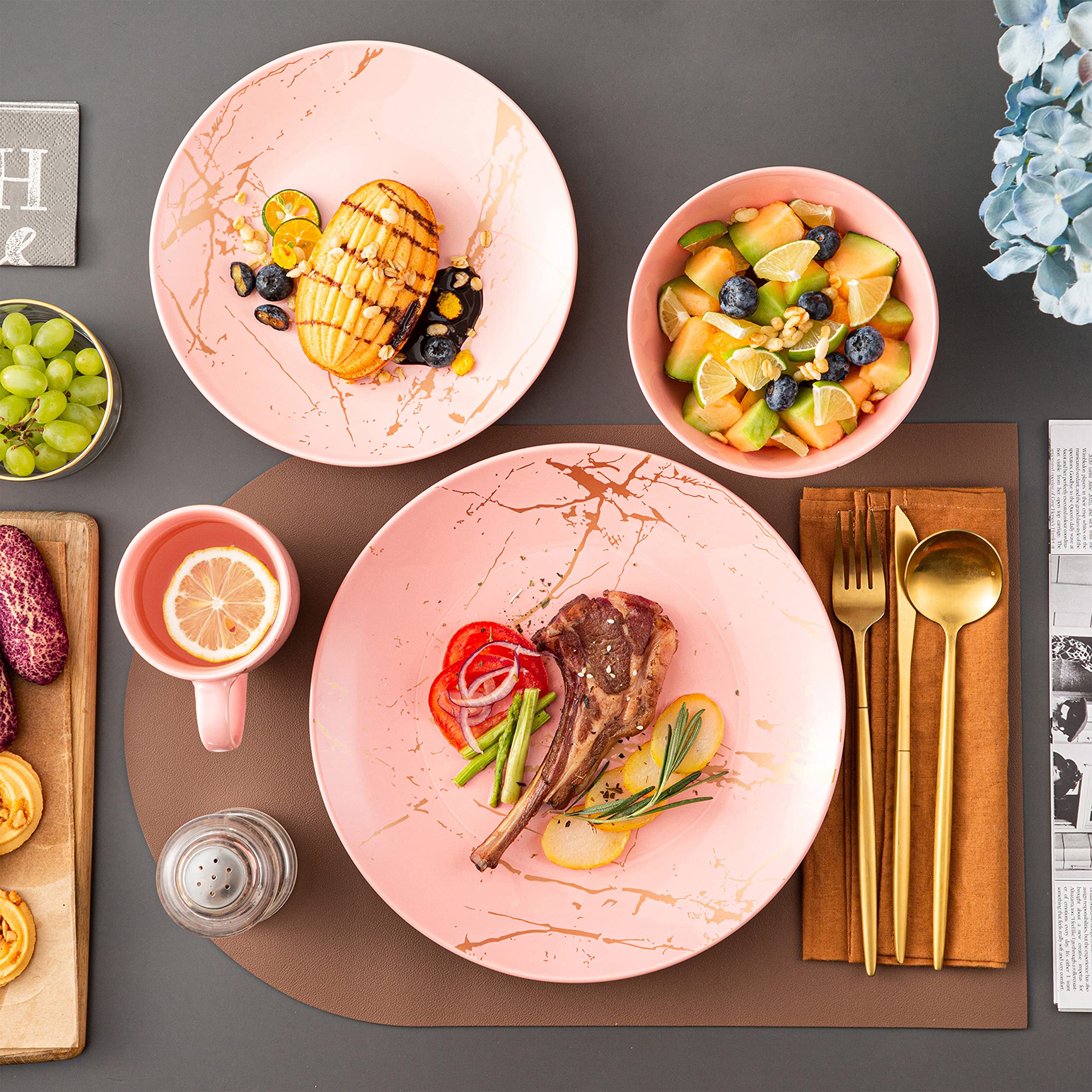 LOVECASA 32-Piece Porcelain Dinnerware Set for 8 - Pink Plates & Bowls with Gold Splash Glaze, Modern Ceramic Dish Set, Dishwasher & Microwave Safe - Perfect for Family Dinners, Parties & Restaurant Use