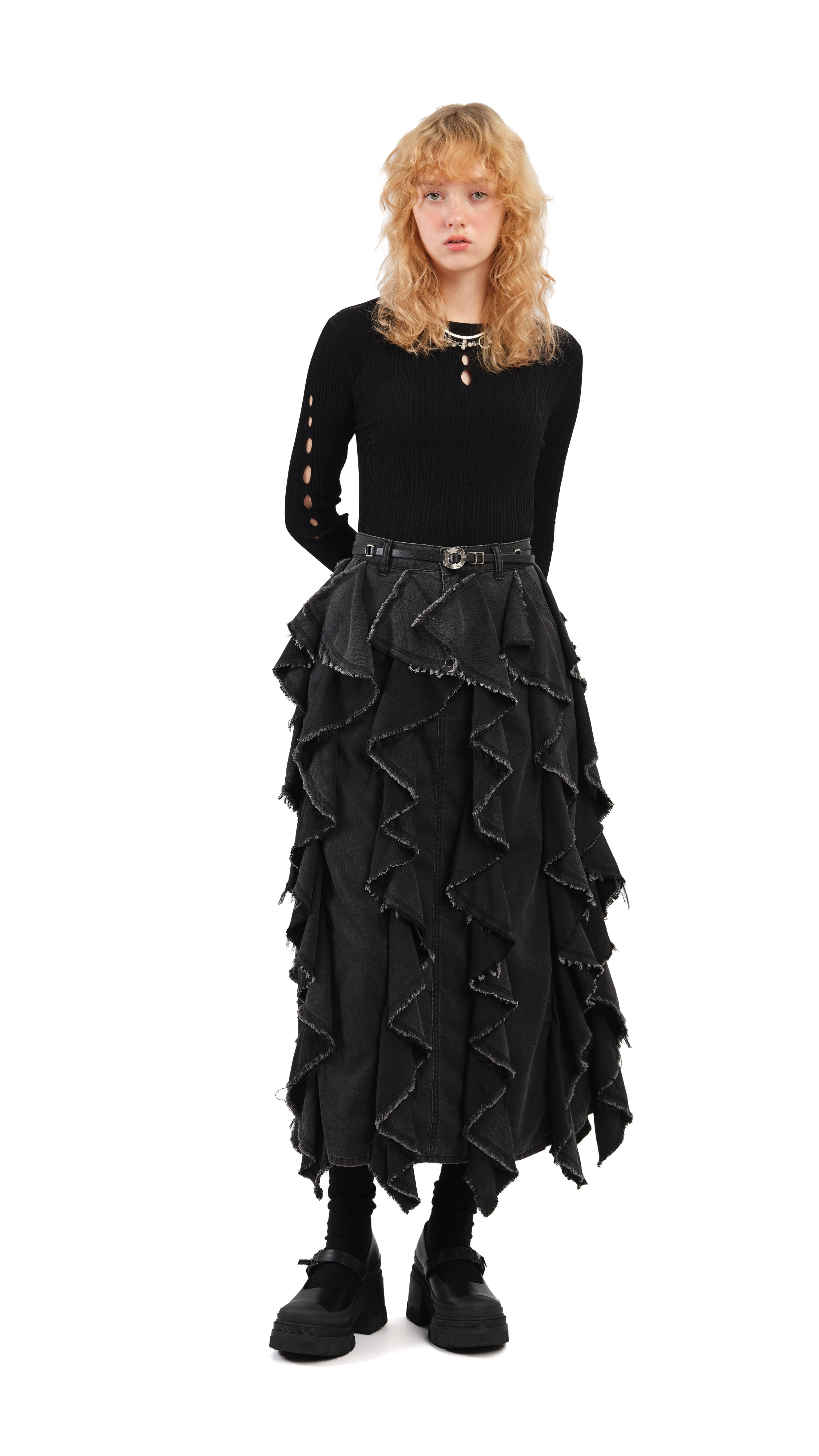 Stylish Ruffles Denim Skirt for Women - Trendy High Waist A-Line Skirt with Flared Hem - Perfect for Casual Outfits, Date Nights & Summer Fashion