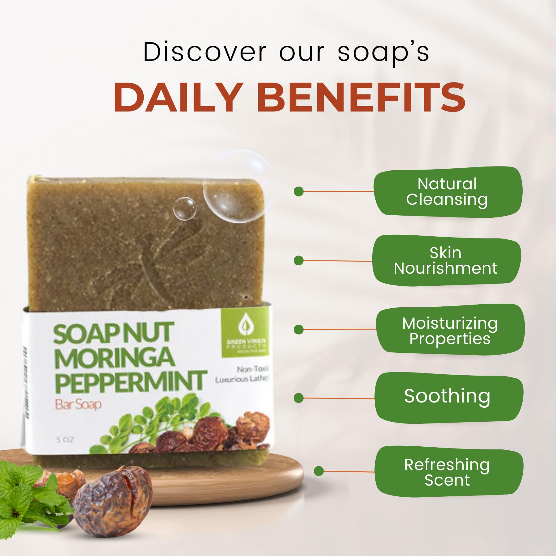Organic Soap Nut, Moringa & Peppermint Bar Soap - Natural Handmade Cleansing Bar for Sensitive Skin, Eco-Friendly Bath & Shower Soap for Daily Use