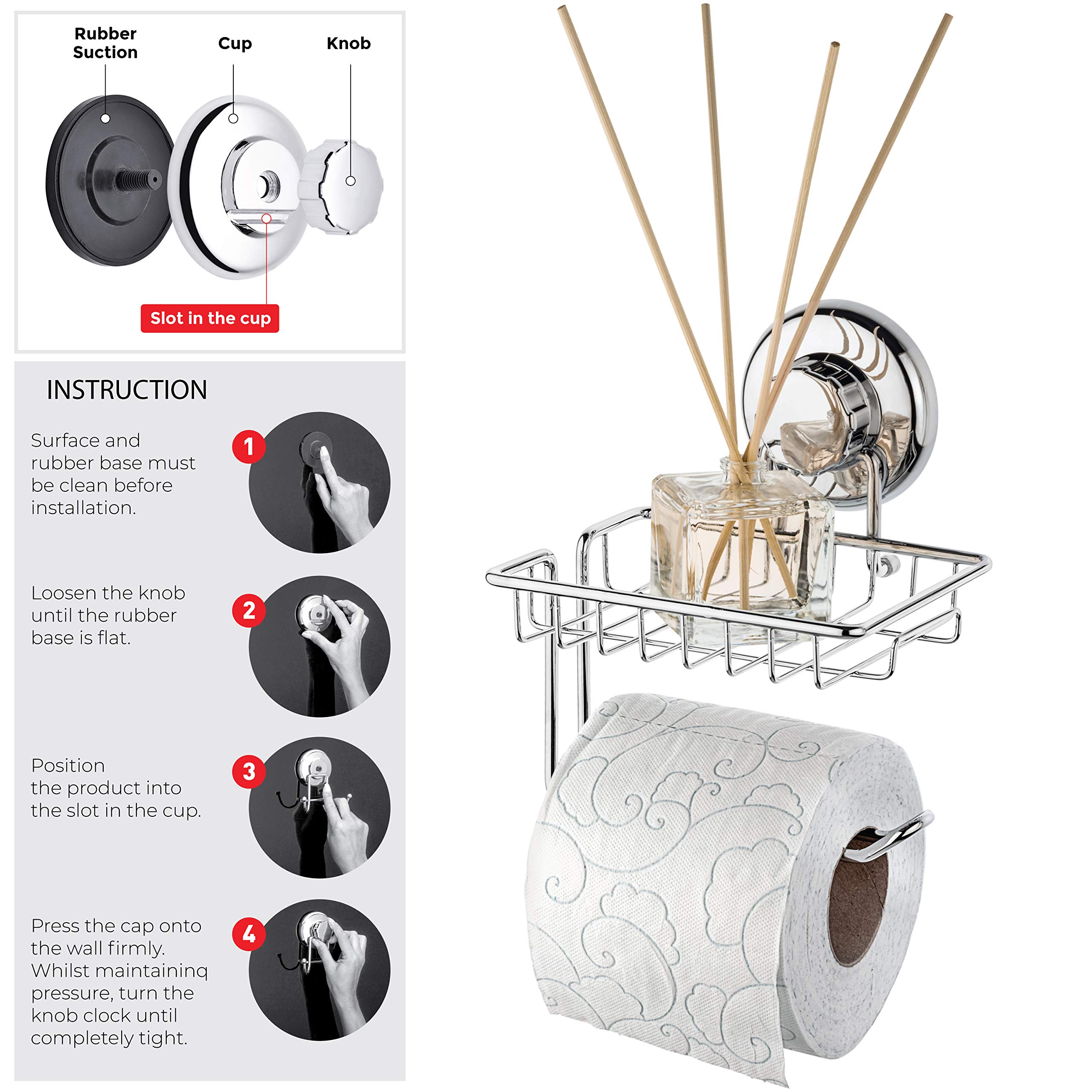 Stainless Steel SS304 Suction Cup Toilet Paper Holder with Shelf - Wall Mount Bathroom & Kitchen Tissue Roll Dispenser (Chrome Finish) | Space-Saving Storage for Small Bathrooms, RVs & Apartments
