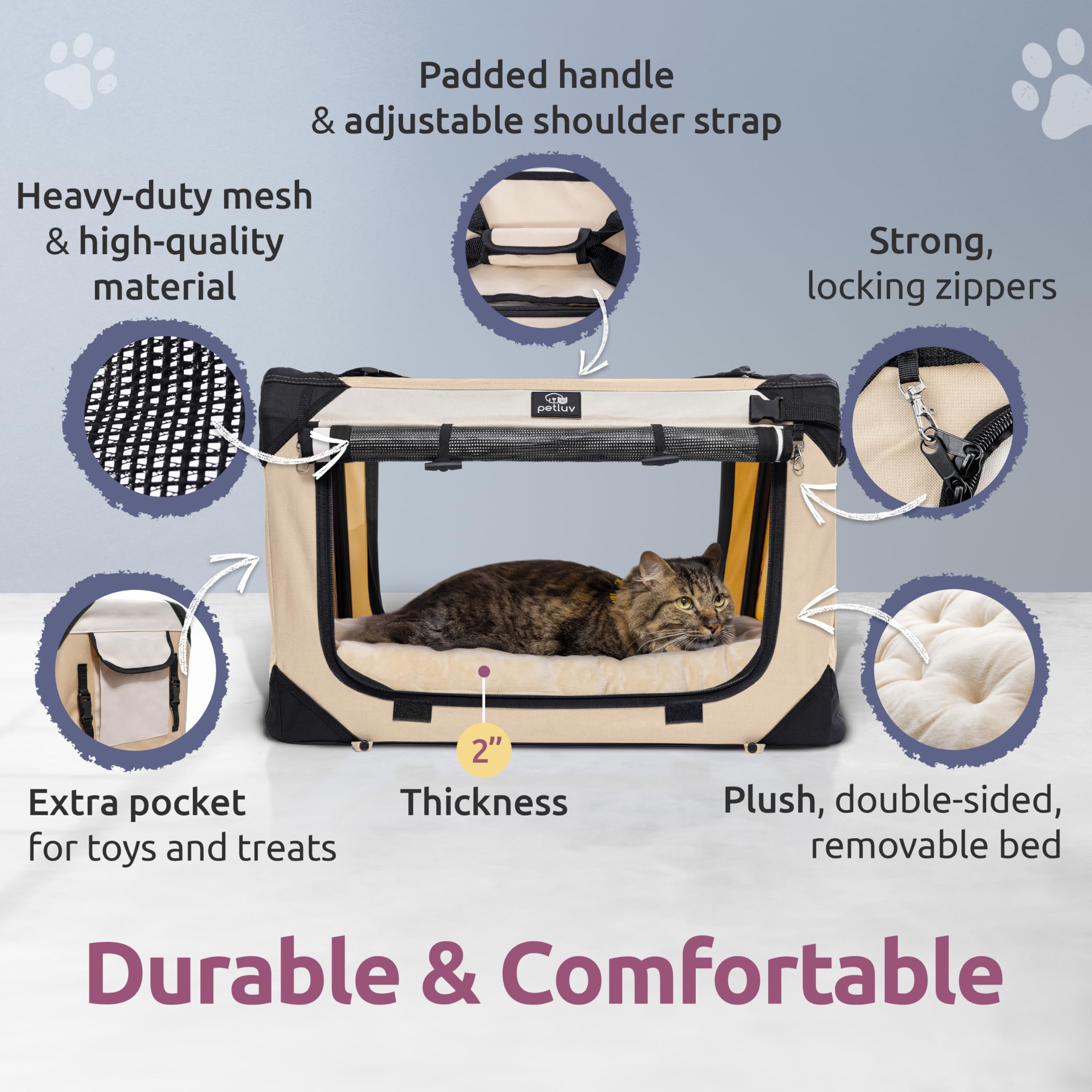 Large Soft-Sided Collapsible Pet Carrier for 2 Cats or Medium Dogs - Portable Travel Bag with Locking Zippers & Comfortable Bed (Tan) - Perfect for Airplane Travel, Vet Visits & Road Trips