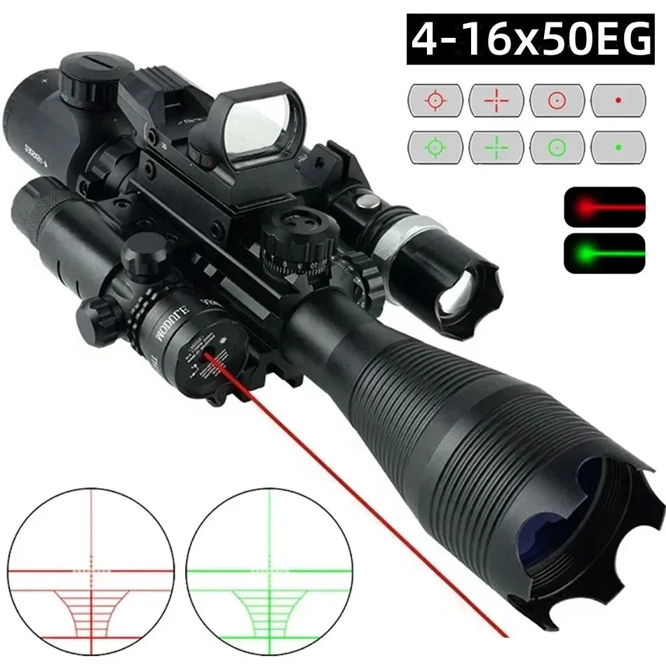 4-16x50 Tactical Rifle Scope with Red/Green Laser & Flashlight - Long Range Shooting Optic Sight with Red Dot for Hunting | Perfect for Outdoor Adventures, Target Practice & Night Hunting