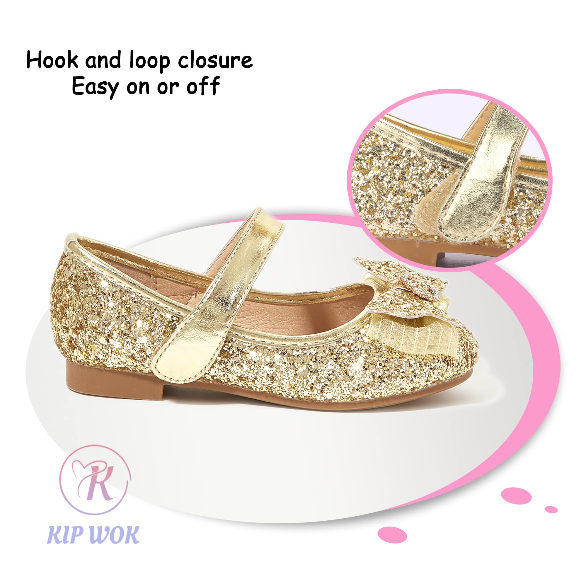**K KIP WOK Toddler Girl Mary Jane Shoes - Glitter Flats with Flower Design for Ballet, Wedding & Special Occasions - Comfortable & Stylish Dress Shoes for Kids**