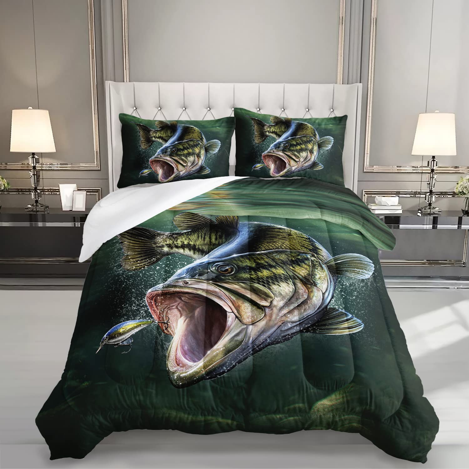 Striped Bass Fishing Comforter Set Queen Size - Big Fish Eat Small Fish Pattern Hunting & Fishing Bedding for Boys Room Decor - Includes 2 Pillowcases - Perfect for Teen Bedrooms, Fishing Enthusiasts & Outdoor-Themed Decor