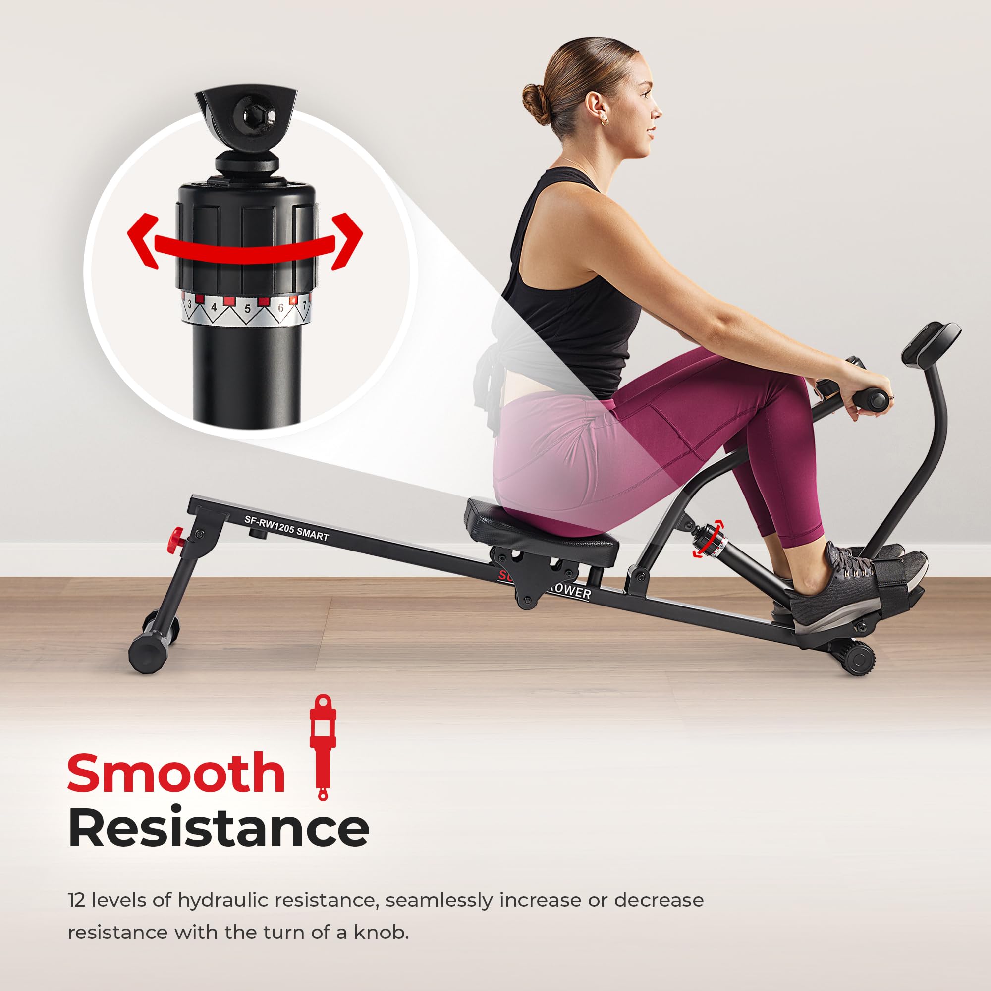 Sunny Health & Fitness Adjustable Rowing Machine - 12 Resistance Levels for Full Body Workout, Compatible with SunnyFit App | Home Gym Equipment for Cardio & Strength Training | Perfect for Small Spaces & Apartment Workouts