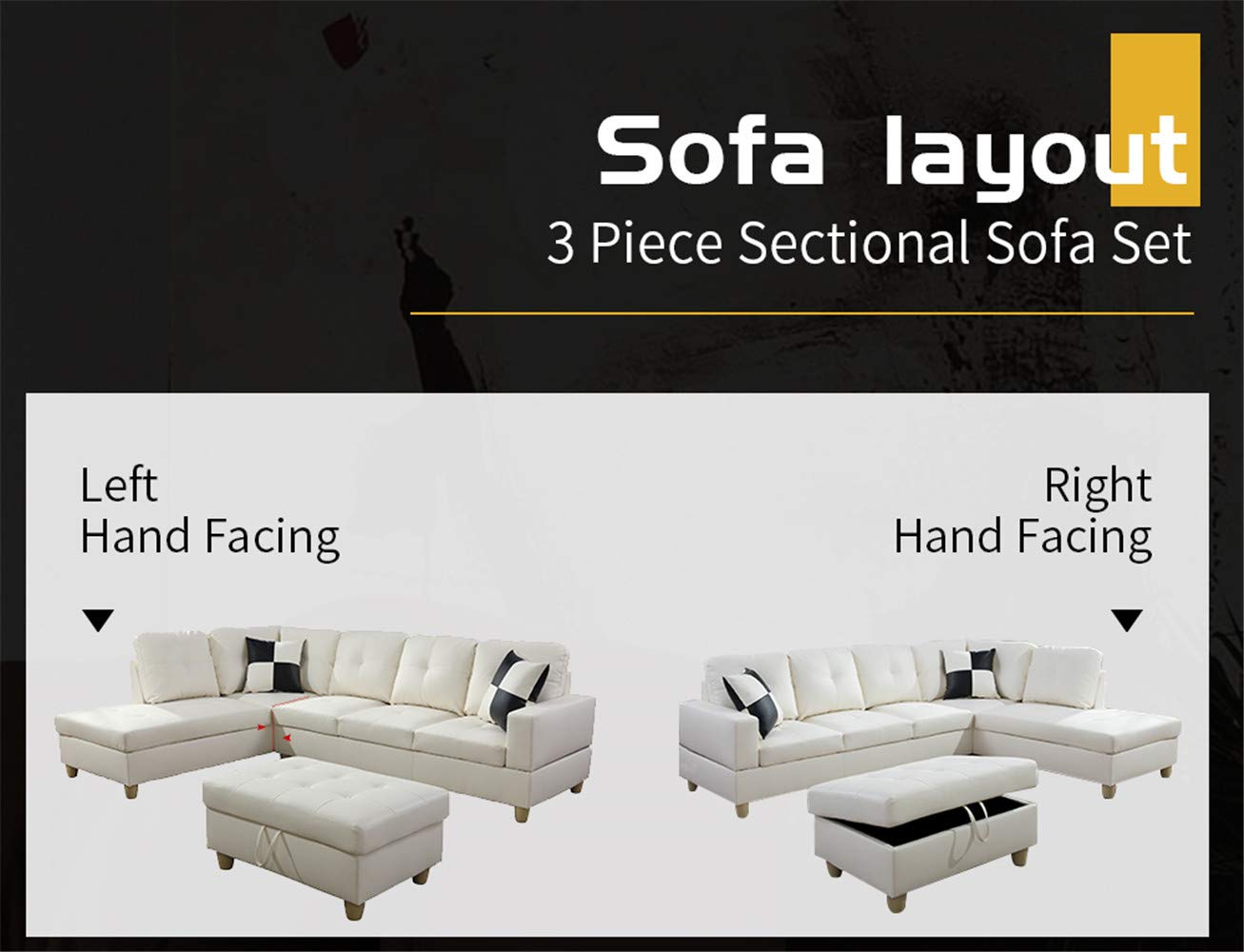 Ainehome 3-Piece L-Shaped Sectional Sofa Set with Storage Ottoman & Matching Pillows - Cream White, Left-Hand Facing - Modern Living Room Furniture for Small Spaces, Apartments & Home Theater Seating