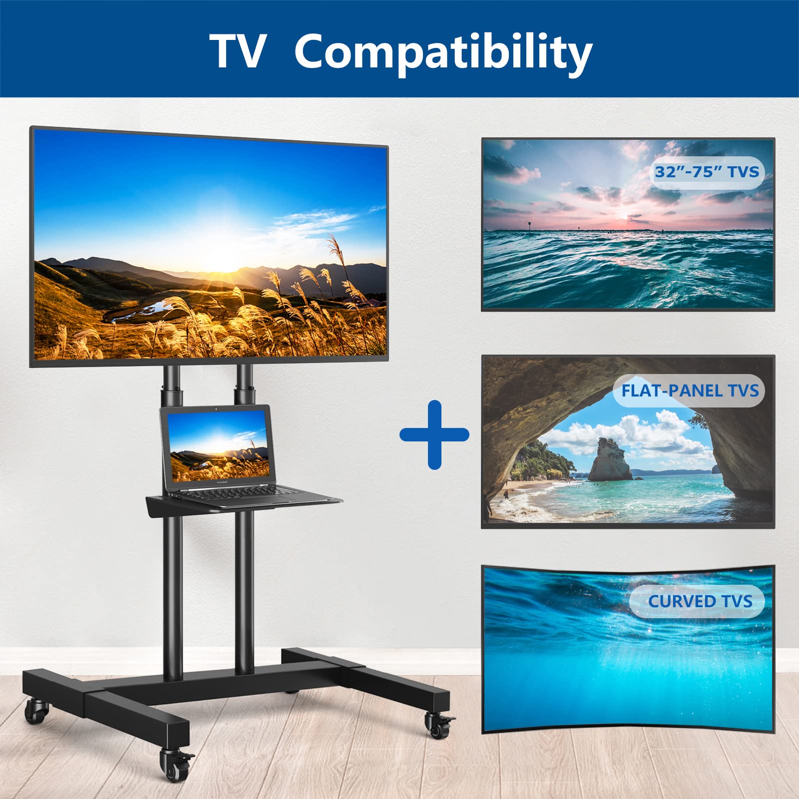 Adjustable Tabletop TV Stand for 27-60 Inch TVs & Mobile TV Stand for 32-75 Inch TVs - Universal TV Mount Bundle for Living Room, Bedroom, Office & Dorm