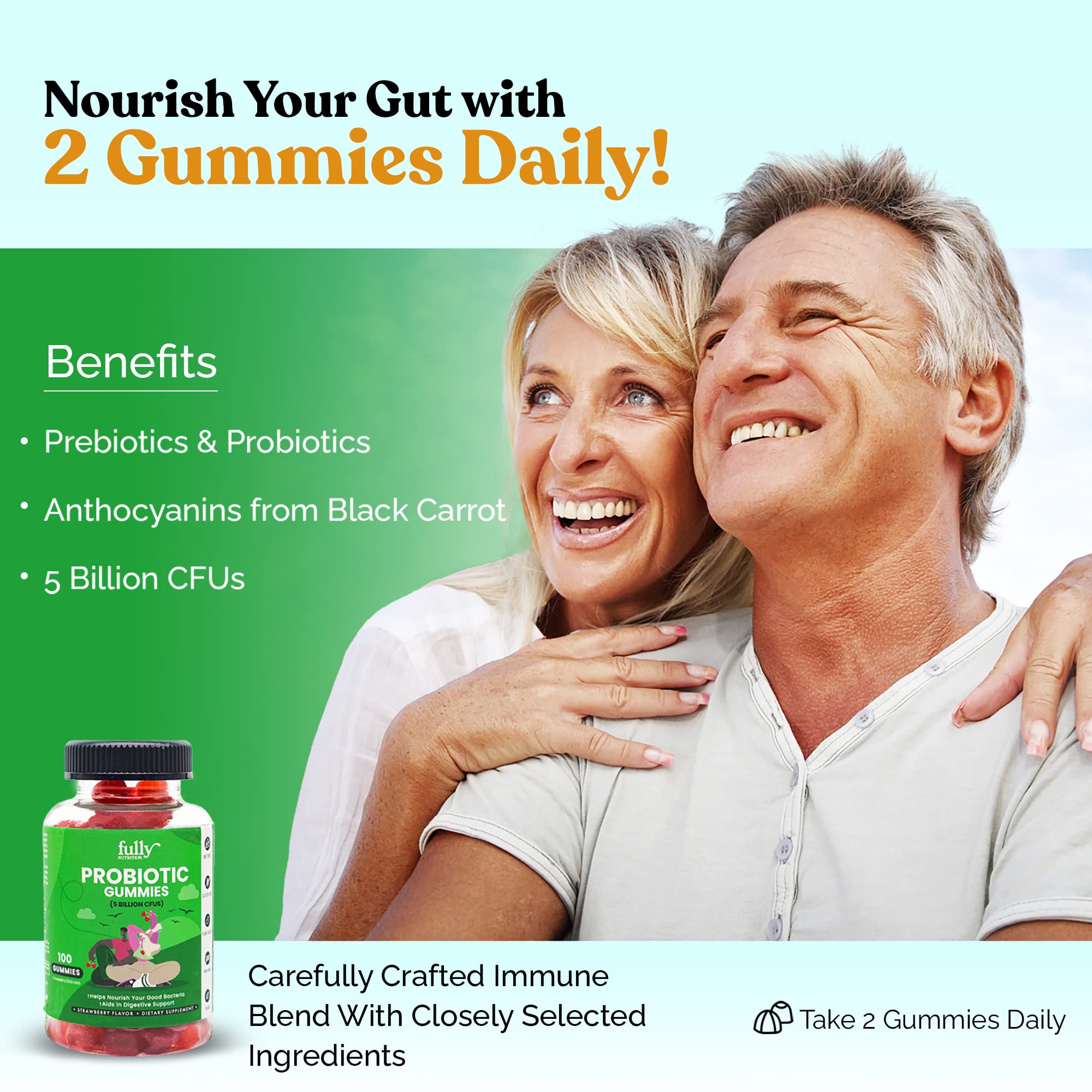 Probiotics Daily Immunity & Digestive Support Gummies for Women & Men - Prebiotics + 5 Billion CFUs Probiotics, Gluten Free, Non-GMO, 100 Gummy Vitamins, No Refrigeration - Boost Gut Health & Immune System | Perfect for Travel, Work & Daily Wellness
