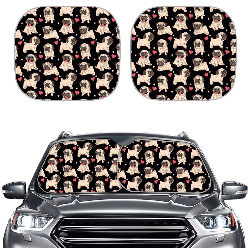 Cute Cartoon Pug Dog Design Car Sunshade - 2 Pack Black Windshield Sun Visor for Front Window Protection | UV Ray Blocking, Heat Reduction | Perfect for Summer Parking & Pet Lovers