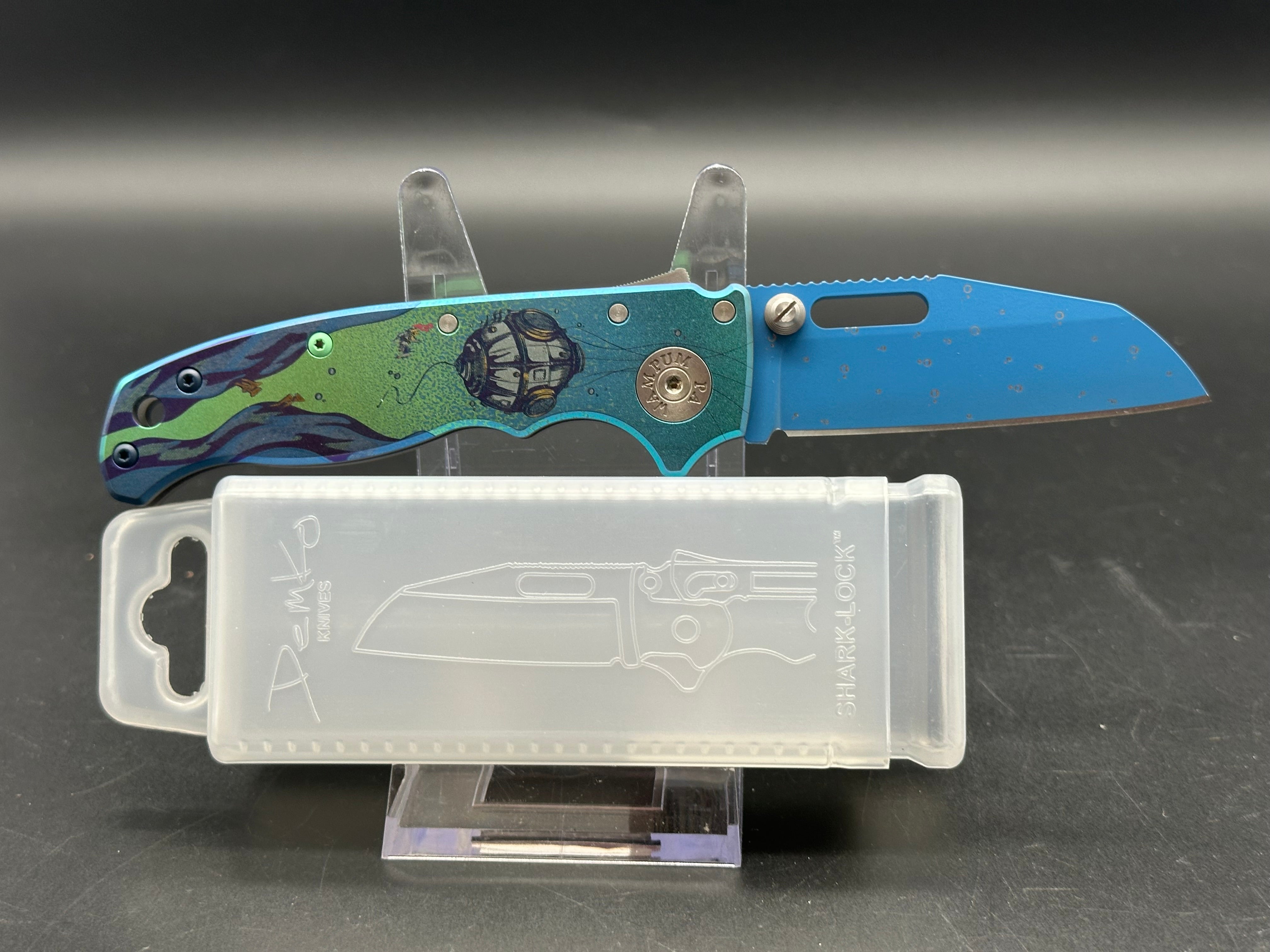 Demko AD20.5 Shark Lock Folding Knife - Custom Anodized Titanium Handle with Blue Cerakote Coating | EDC Pocket Knife for Outdoor Camping, Hiking & Everyday Carry