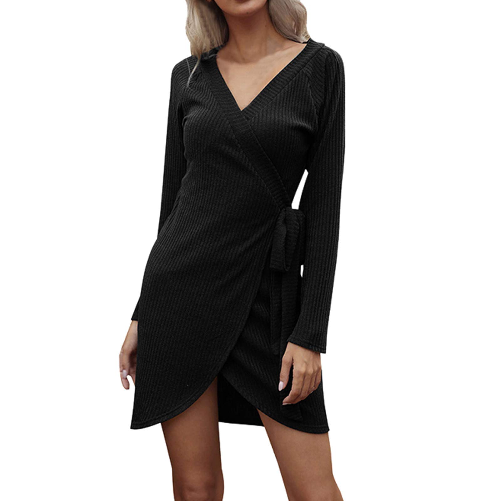 Elegant Black V-Neck Tie-Front Pullover Dress for Women - Chic Irregular Neckline Summer Sunwear | Perfect for Beach Outings, Date Nights & Casual Wear