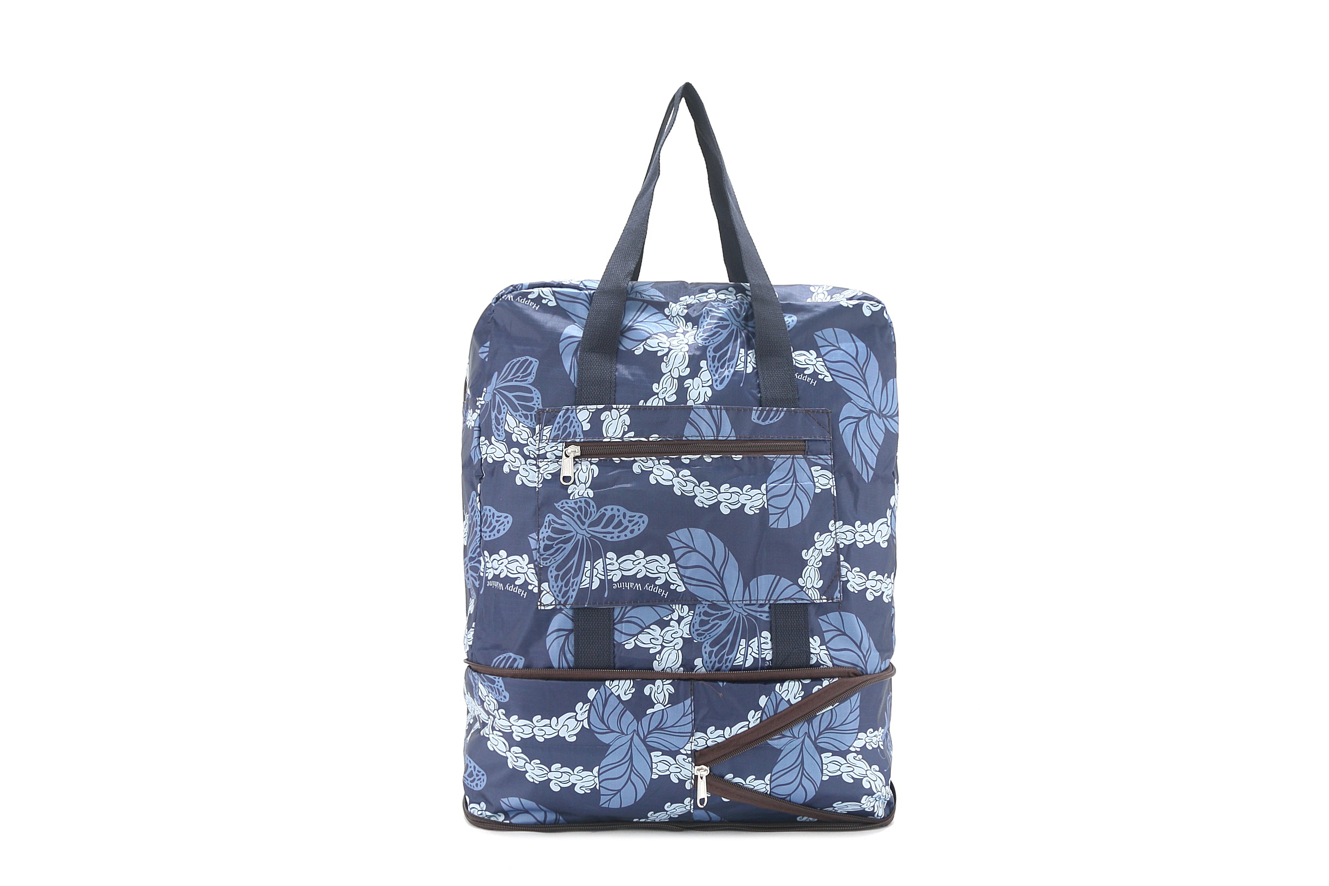 Foldable Duffle Bag for Travel & Gym - Waterproof Carry On Luggage with Shoulder Strap - Sophie Butterfly Lei Navy Design - Perfect for Weekend Getaways, Sports & Business Trips