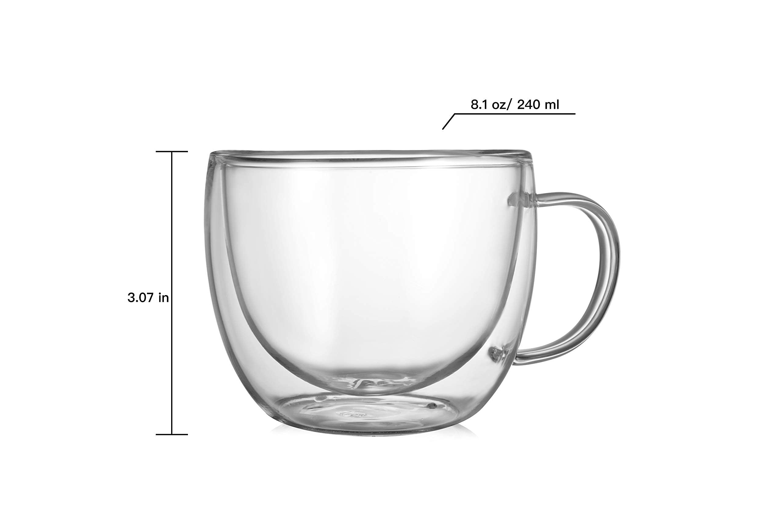 CNGLASS Double Wall Insulated Glass Coffee Mugs 8.1oz (Set of 2) - Clear Thermal Espresso Cups with Handle for Hot/Cold Drinks - Perfect for Cappuccino, Latte, Tea at Home, Office or Cafe