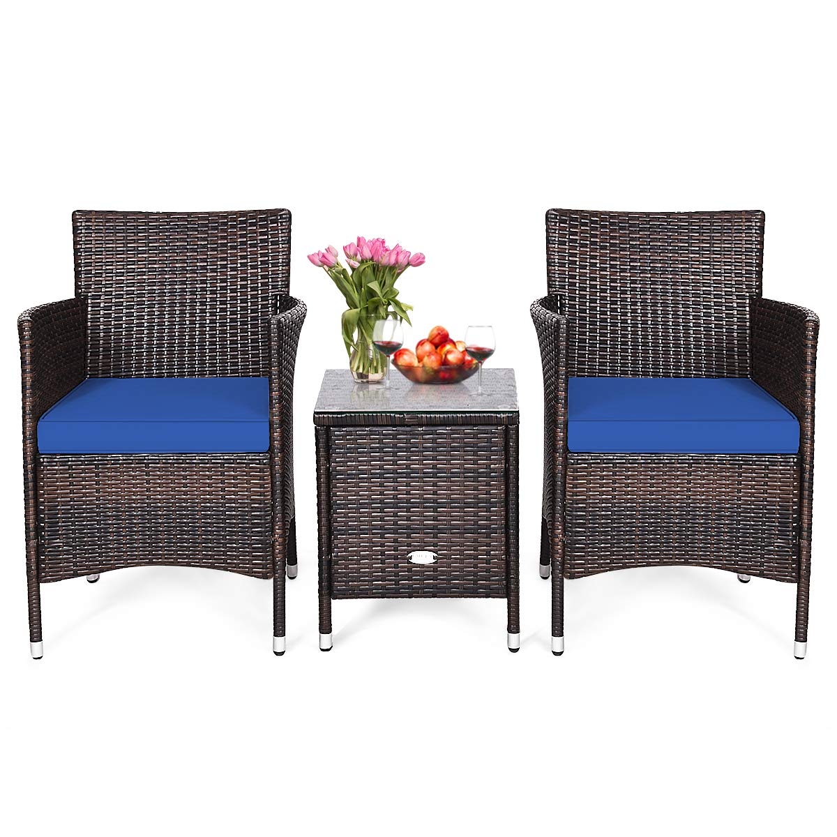 RELAX4LIFE 3-Piece Outdoor Patio Furniture Set with Removable Cushions - Rattan Wicker Conversation Set with Square Coffee Table - Navy Blue Bistro Set for Garden, Balcony, Poolside & Backyard Relaxation