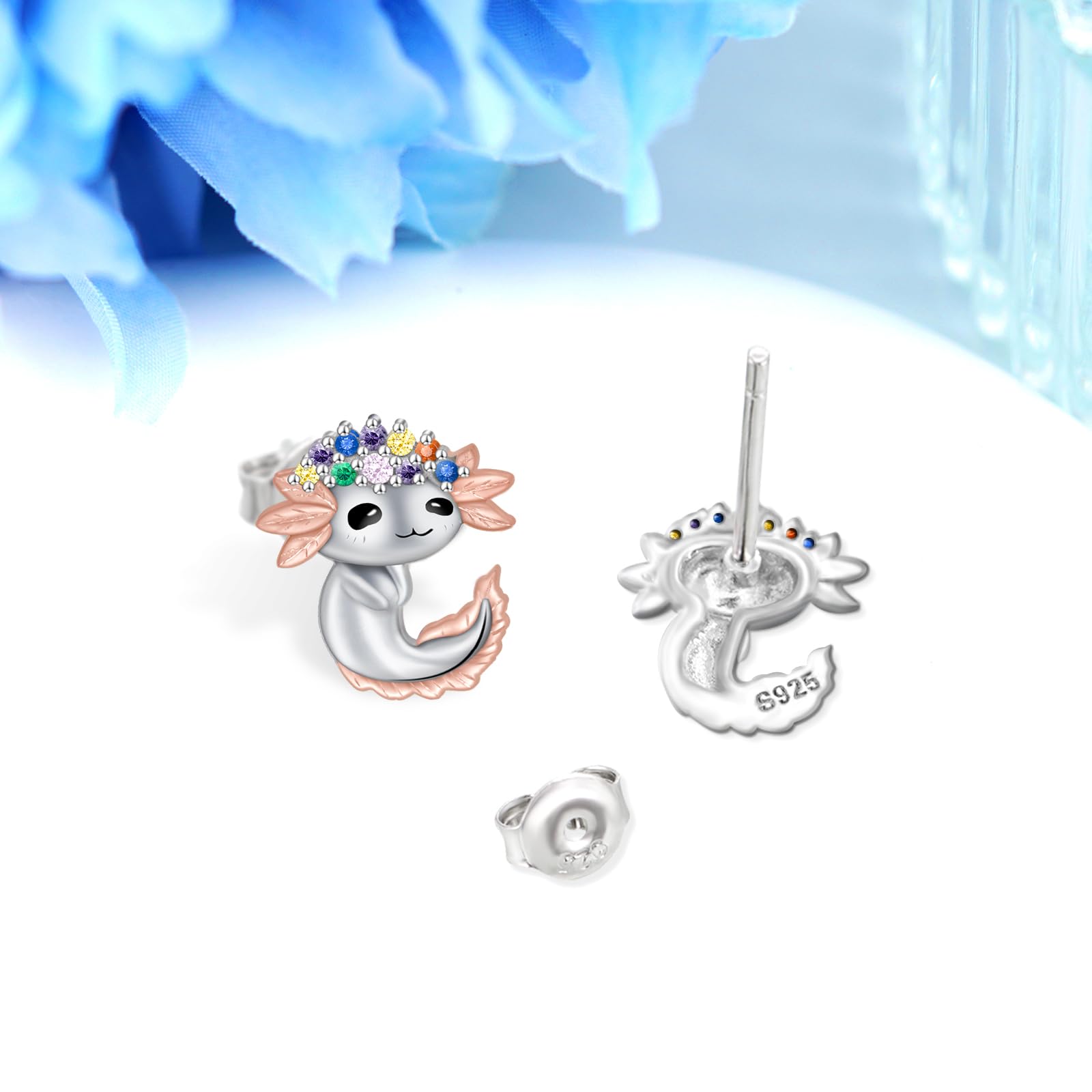925 Sterling Silver Cute Animal Stud Earrings - Axolotl, Highland Cow, Panda & Giraffe Designs with Colored Zircon | Dainty Jewelry Gift for Women & Girls | Perfect for Everyday Wear, Birthdays & Special Occasions